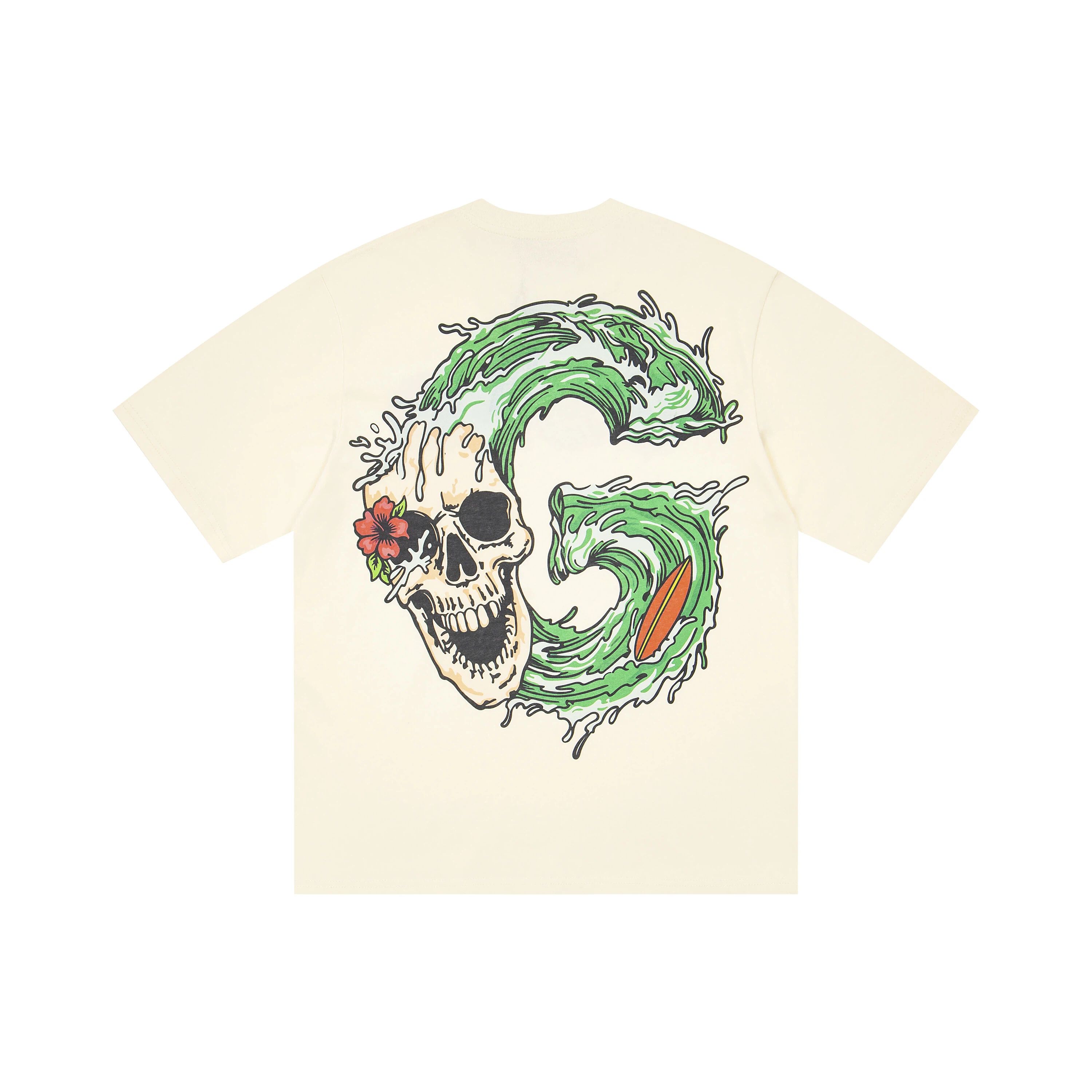 Retro Distressed Washed Oversized Crew Neck T-Shirt, Skull Ocean Wave GSND Graphic Print Unisex Streetwear Cotton Tee Sizes 1-3