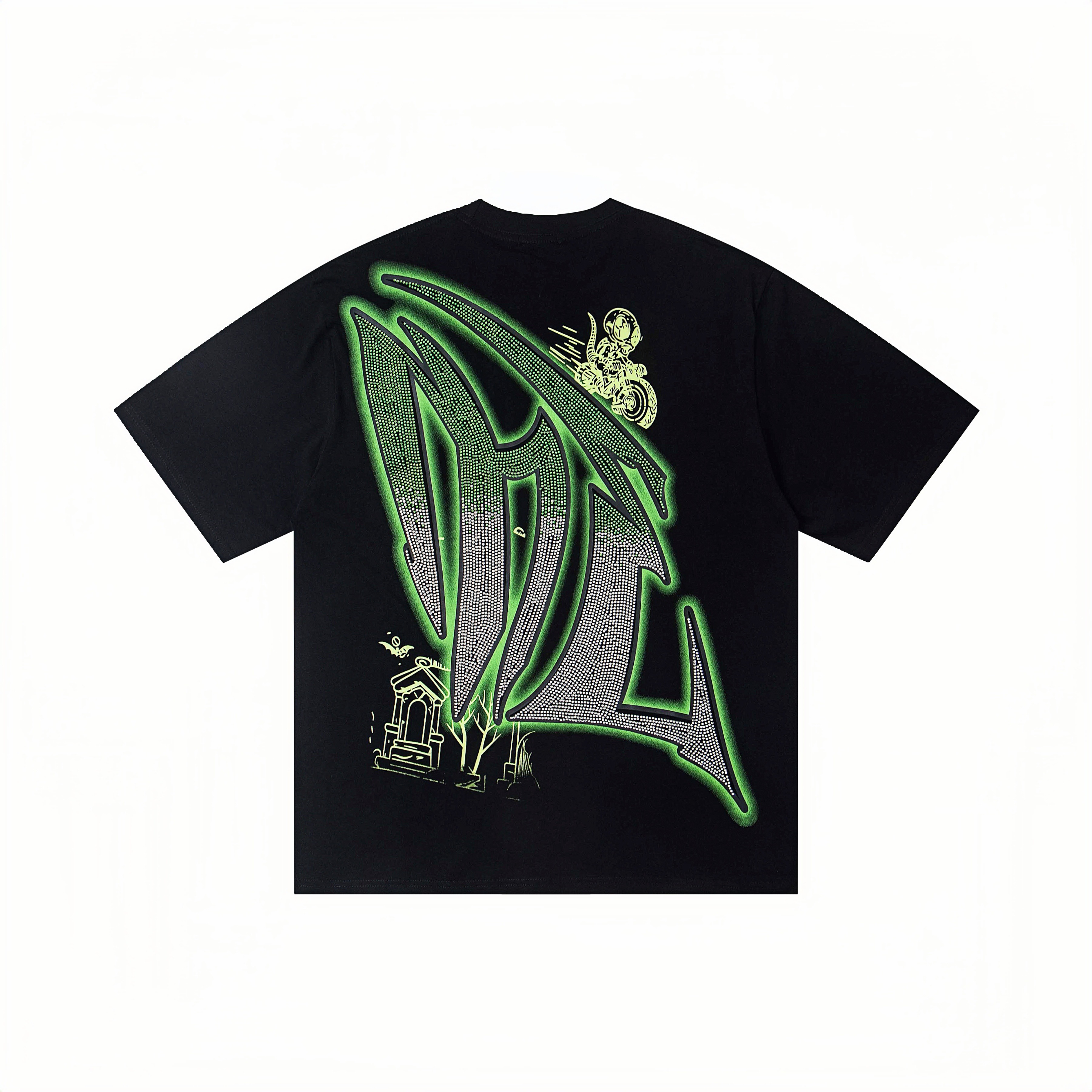 Monster Rider Rhinestone Gradient Print Oversized T-Shirt – Unisex 100% Cotton Streetwear Tee