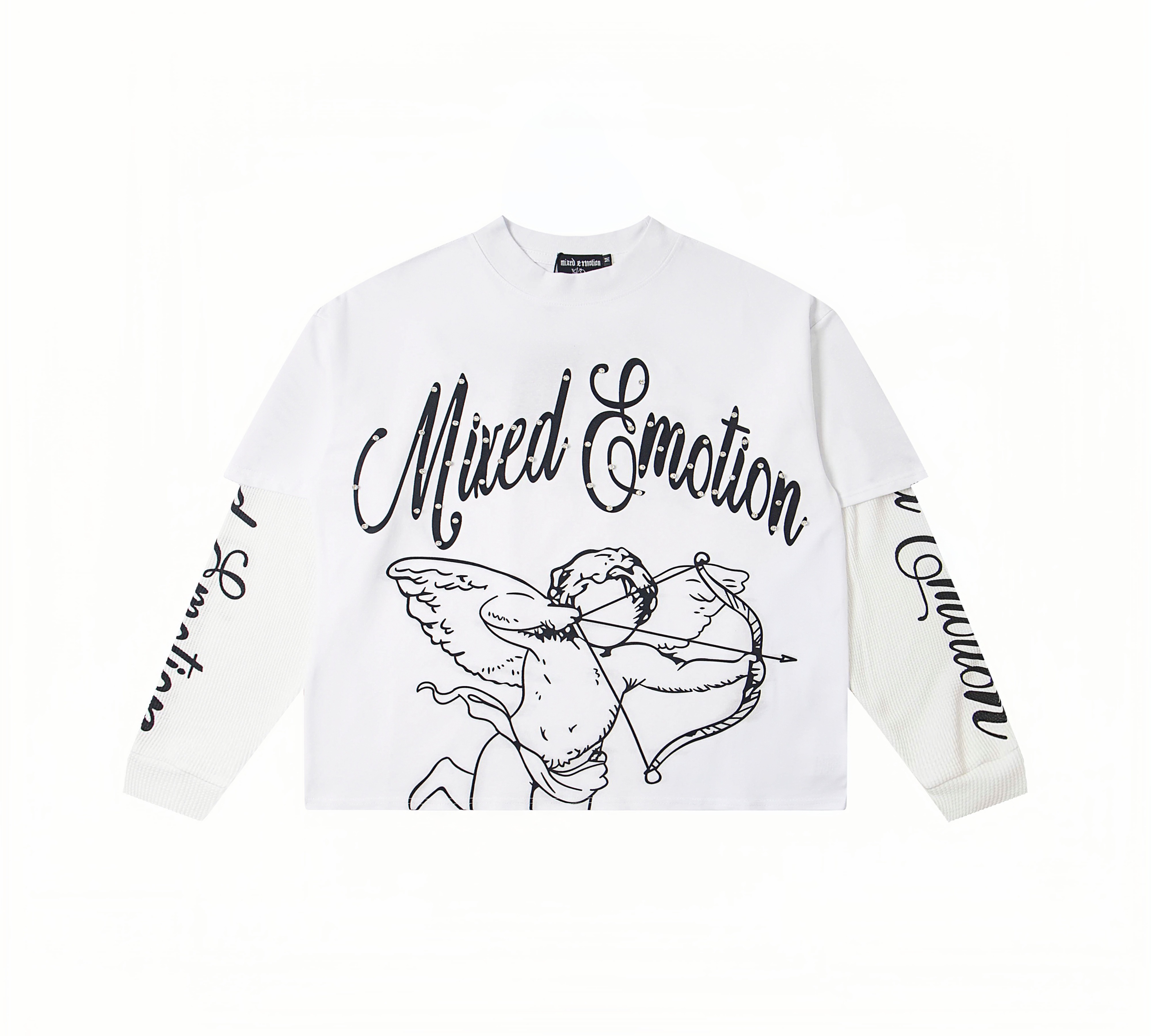Rhinestone "Mixed Emotion" Cupid Print Layered Thermal Long Sleeve T-Shirt – Unisex 100% Cotton Streetwear Tee