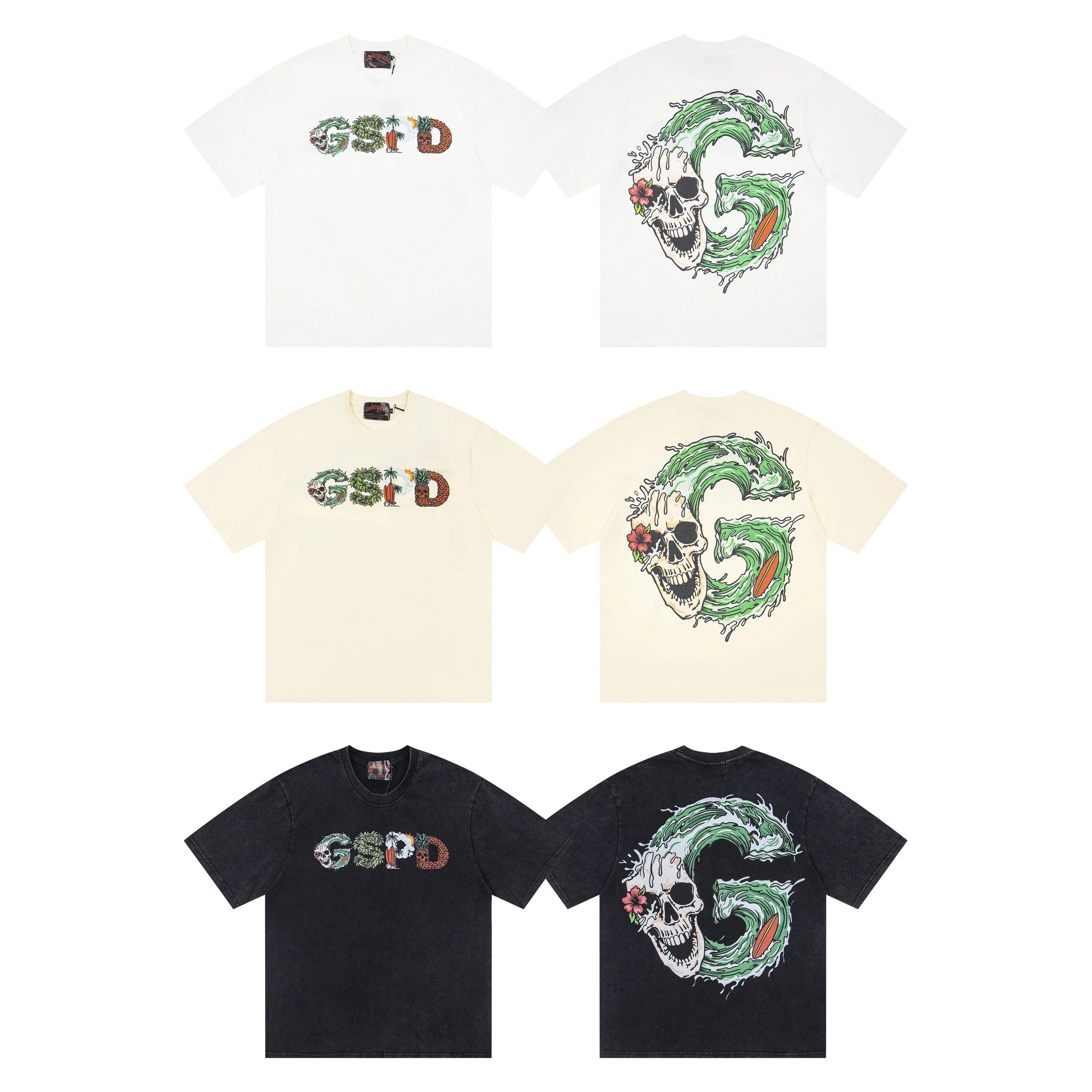 Retro Distressed Washed Oversized Crew Neck T-Shirt, Skull Ocean Wave GSND Graphic Print Unisex Streetwear Cotton Tee Sizes 1-3