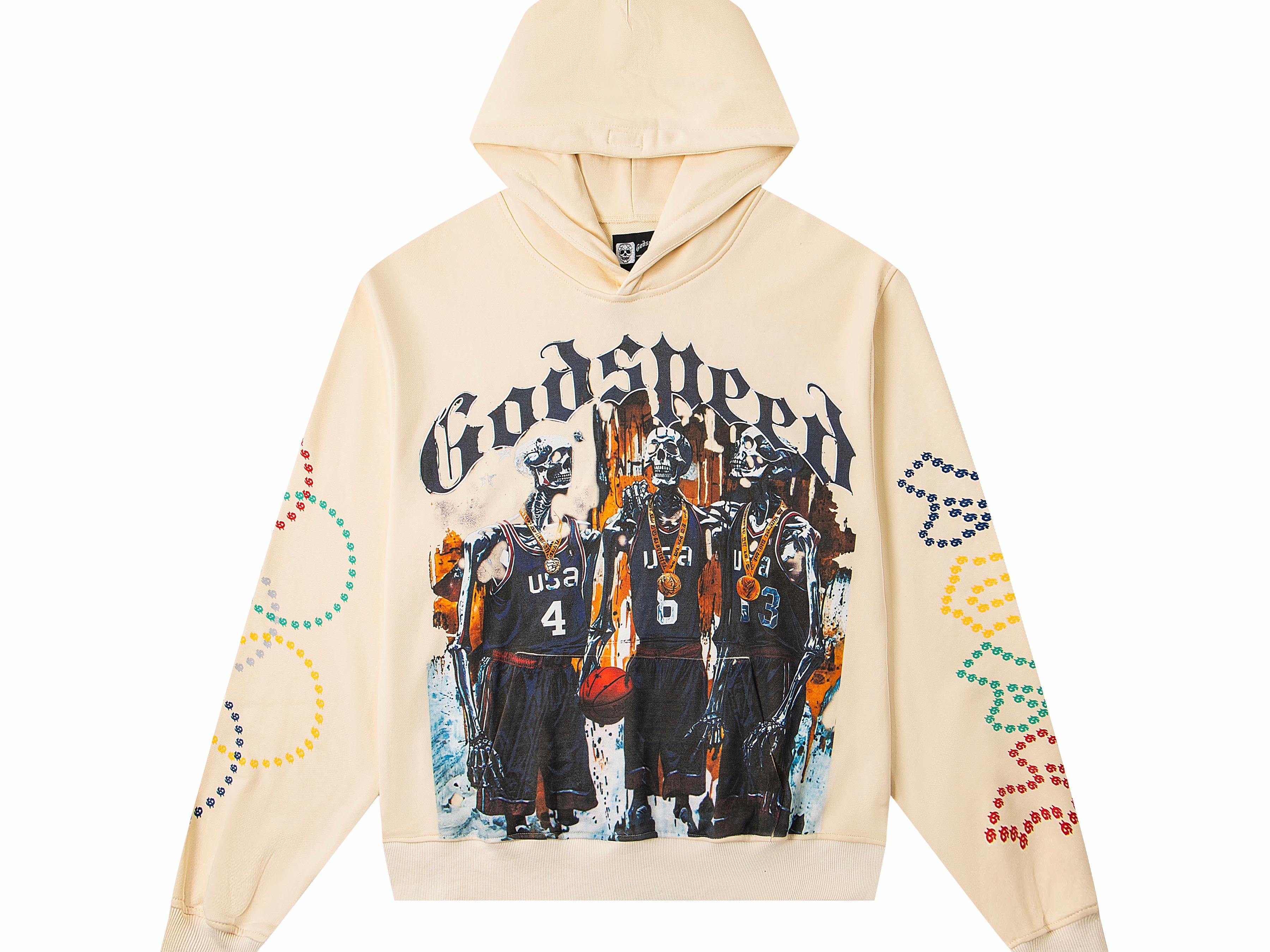 Vintage Washed USA Dream Team Skeleton Basketball Graphic Pullover Hoodie, Godspeed Olympic Rings Sleeve Print Back Letter Heavy Cotton Fleece Unisex Street Sweatshirt 1 Color Sizes 1-4