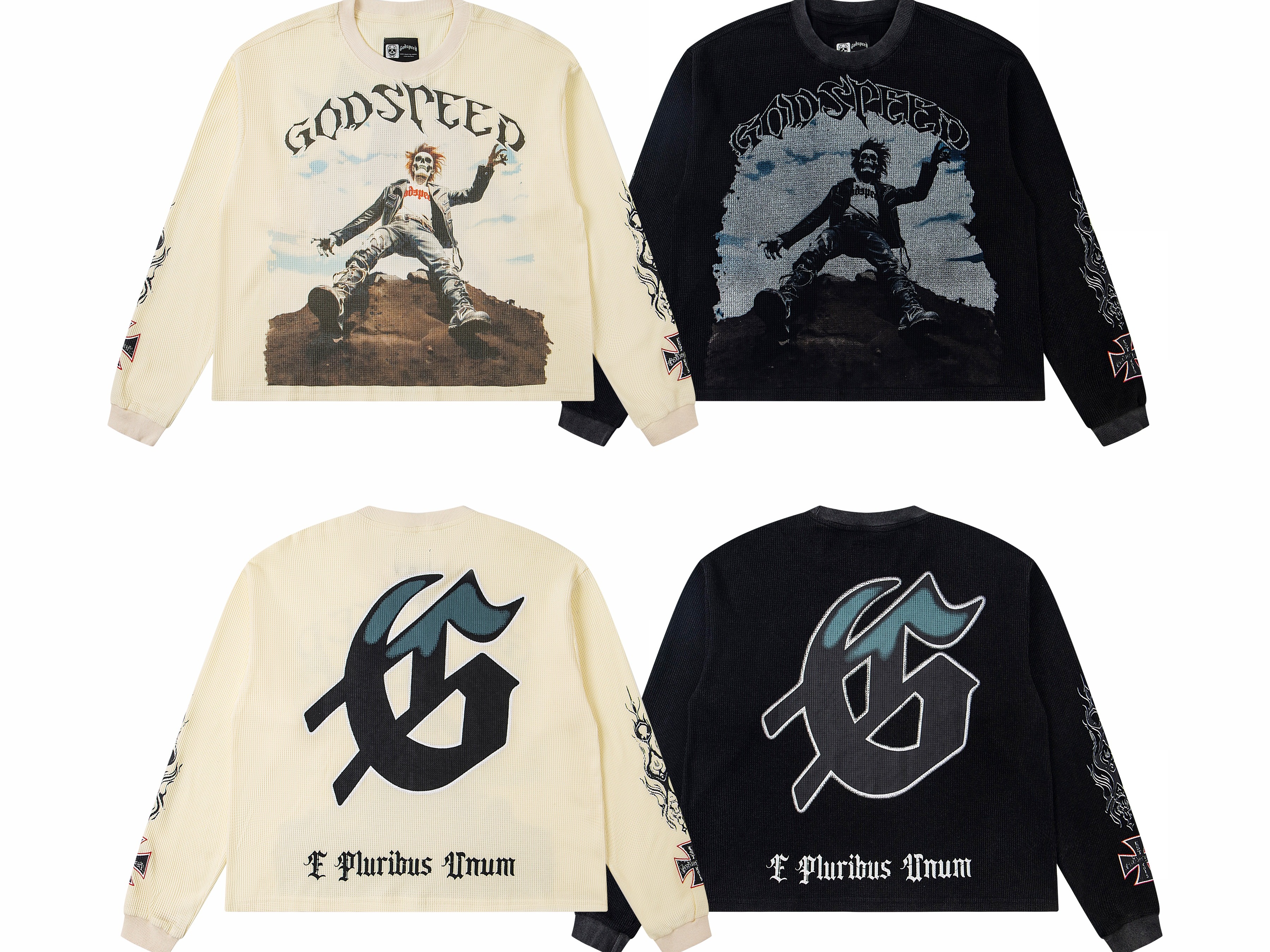 Vintage Washed Zombie Portrait Waffle Knit Long Sleeve T-Shirt, Godspeed Gothic Letter Cross Flame Sleeve Print Back Large GS Logo Unisex Streetwear Thermal Top 2 Colors Sizes 1-4