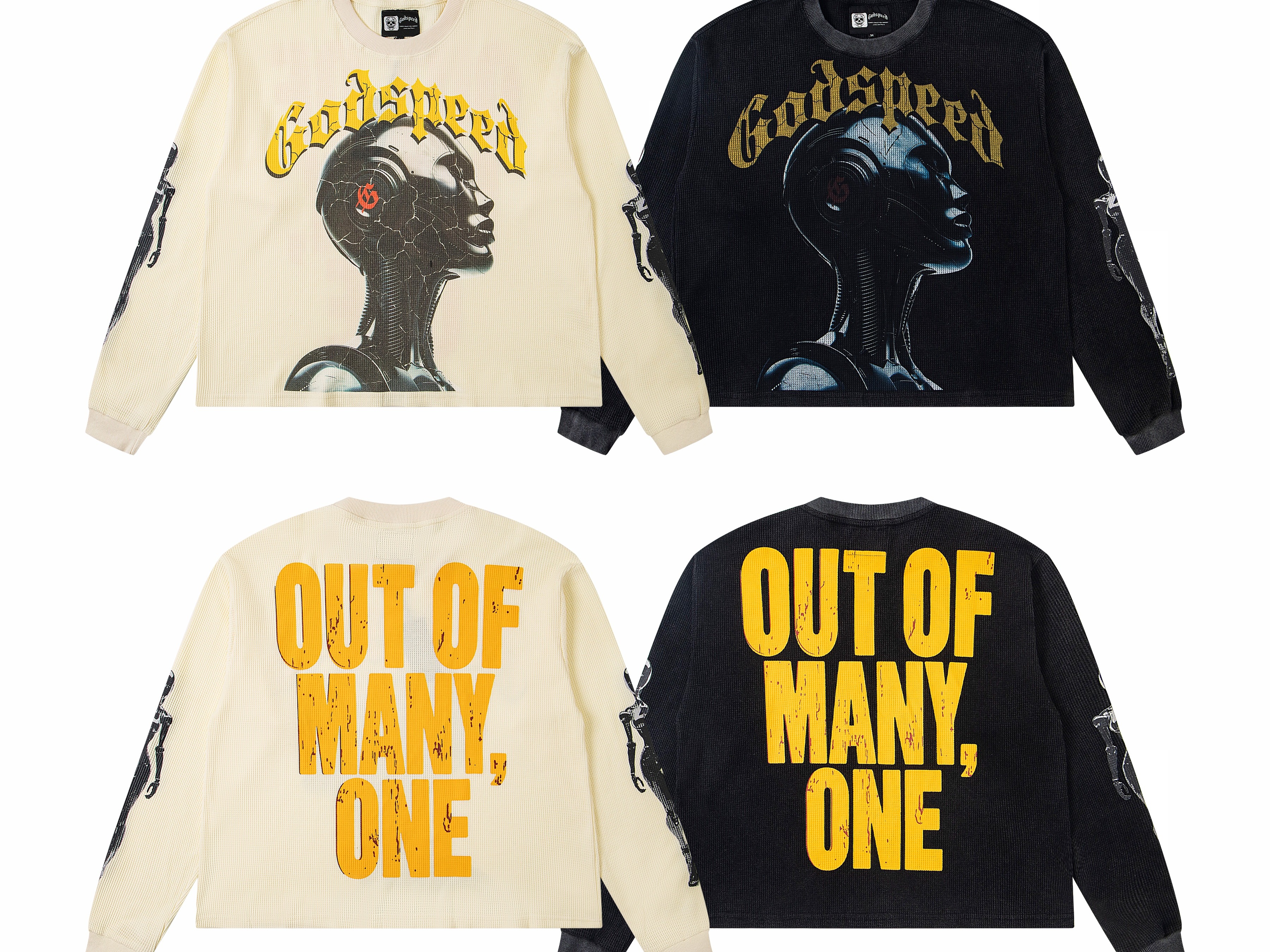 Vintage Washed Cracked Robot Head Waffle Knit Long Sleeve T-Shirt, Godspeed Gothic Letter Skeleton Arm Sleeve Print Back Bold Slogan "Out Of Many One" Unisex Street Thermal Top 2 Colors Sizes 1-4