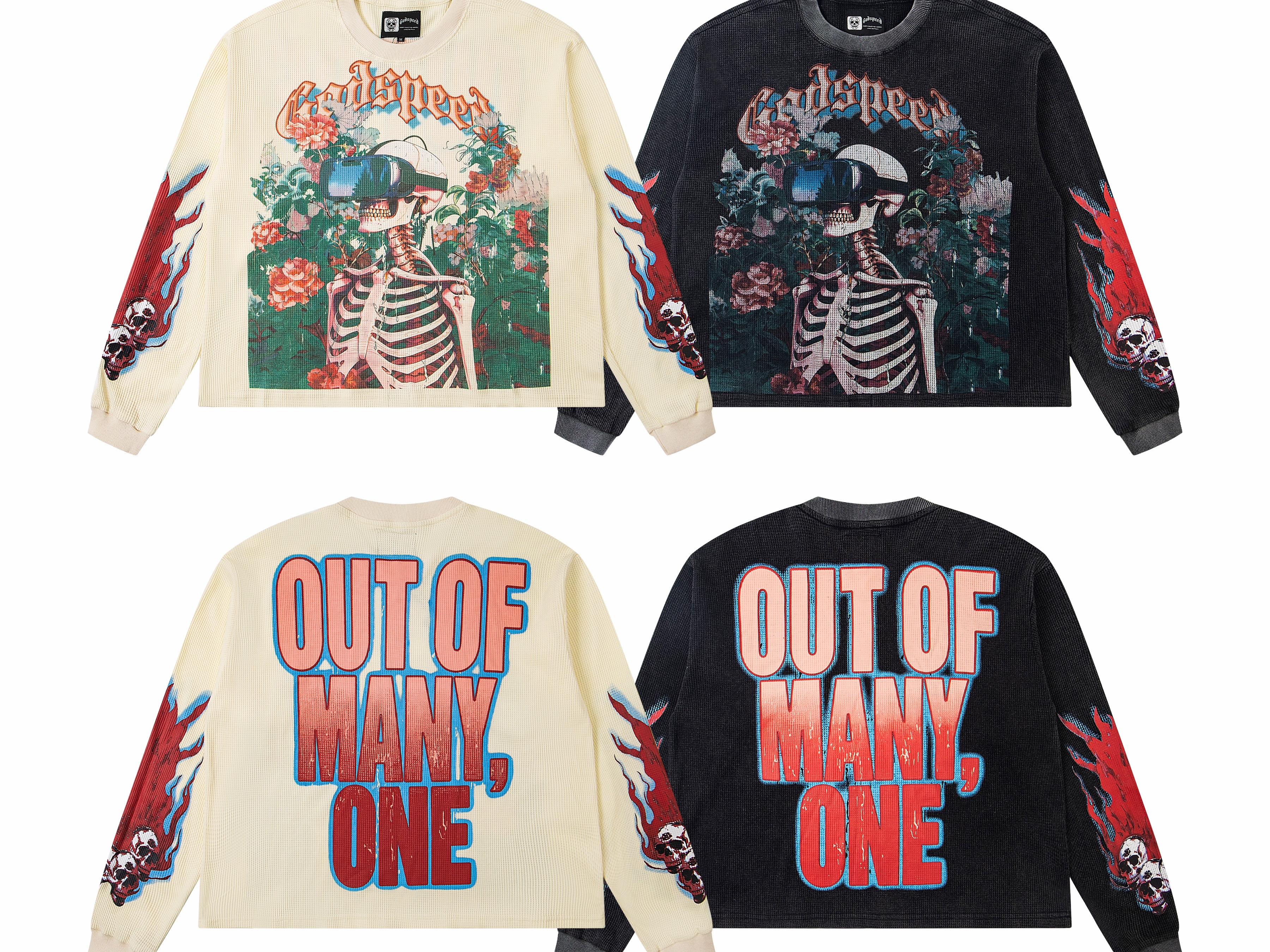 Vintage Washed VR Skeleton Floral Waffle Knit Long Sleeve T-Shirt, Godspeed Gothic Letter Red Flame Skull Cuff Sleeve Print Back Gradient Slogan "Out Of Many One" Unisex Street Thermal Top 2 Colors Sizes 1-4