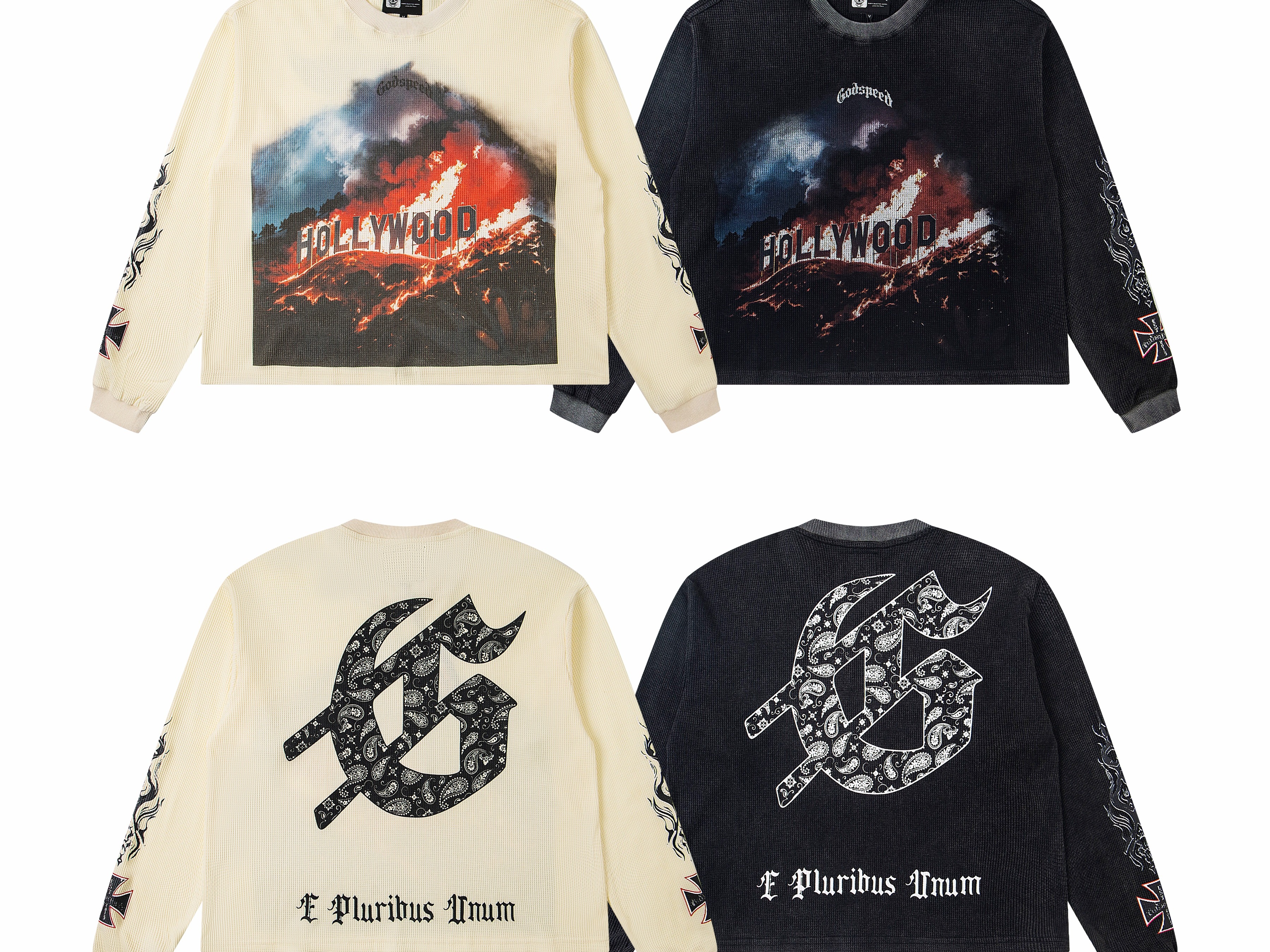 Vintage Washed Burning Hollywood Scenery Waffle Knit Long Sleeve T-Shirt, Godspeed Paisley Fill GS Logo Cross Scroll Flame Sleeve Print Back Latin Text Unisex Street Thermal Top 2 Colors Sizes 1-4