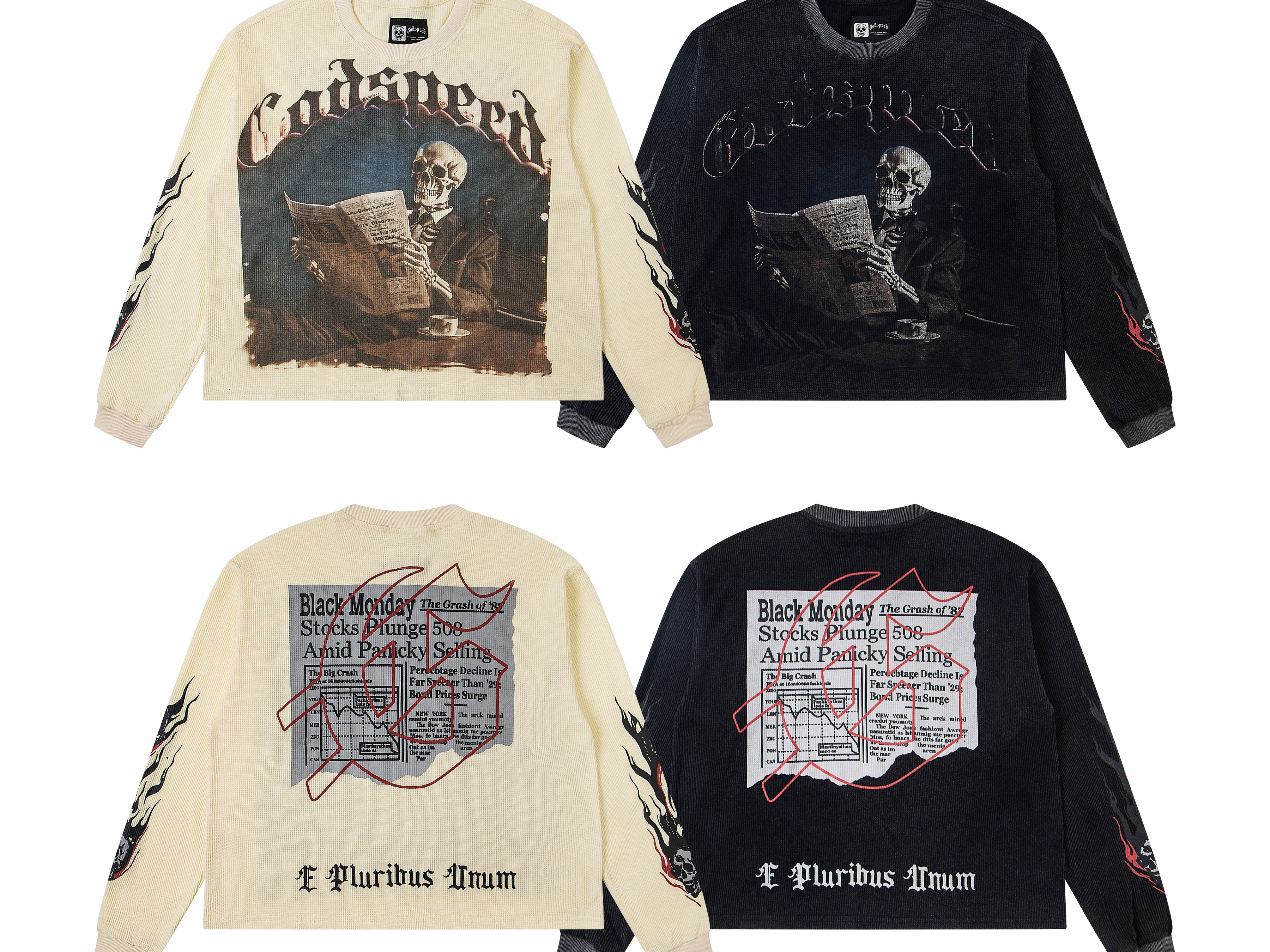 Vintage Washed Black Monday Stock Market Skeleton Waffle Knit Long Sleeve T-Shirt, Godspeed Gothic Letter Red Flame Cuff Sleeve Print Back Financial Newspaper Graphic Latin Text Unisex Street Thermal Top 2 Colors Sizes 1-4
