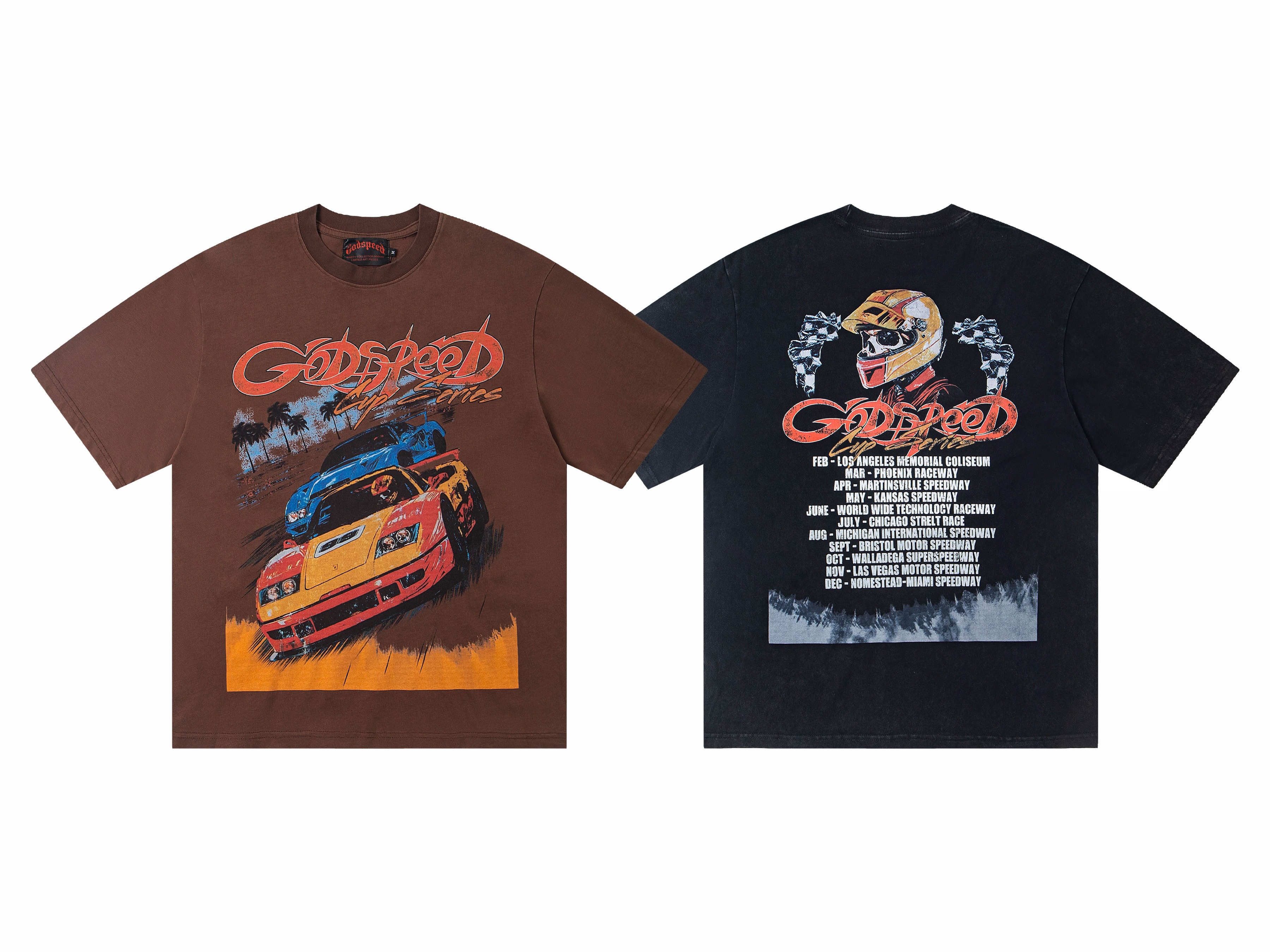 Godspeed Retro Dual Sports Car Graphic T-Shirt, Regular Dyed 270G Heavyweight 100% Cotton Oversized Unisex Streetwear Tee, Back Skull Racer Race Schedule Print Short Sleeve Top, 2 Colors Coffee Brown & Black