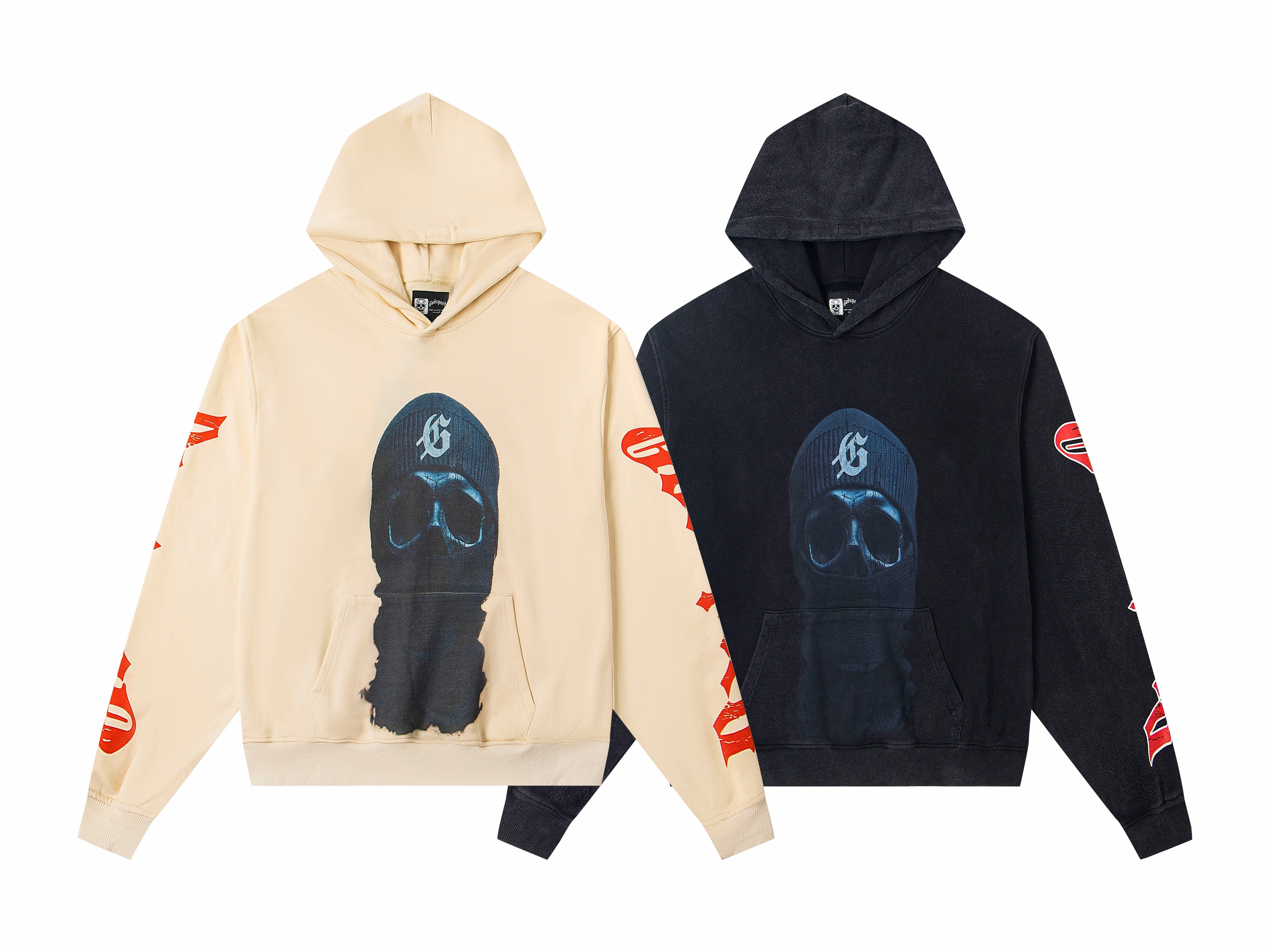 Balaclava Skull GS Logo Graphic Oversized Pullover Hoodie, Godspeed Red Sleeve Print Heavy Cotton Fleece Unisex Streetwear Sweatshirt 2 Colors Sizes 1-4