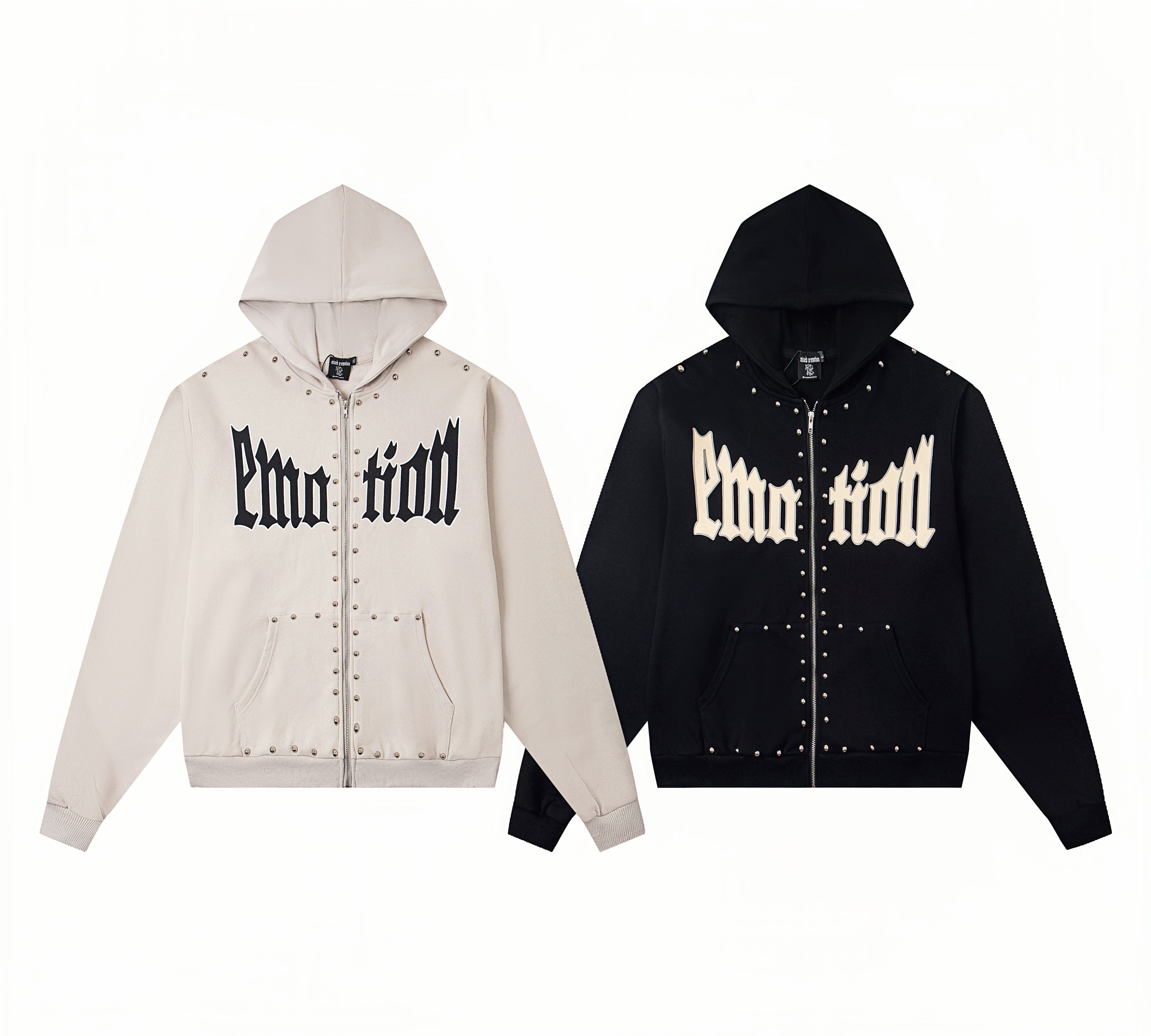 "Emotion" Gothic Studded Zip-Up Hoodie – Unisex 100% Cotton Streetwear Jacket