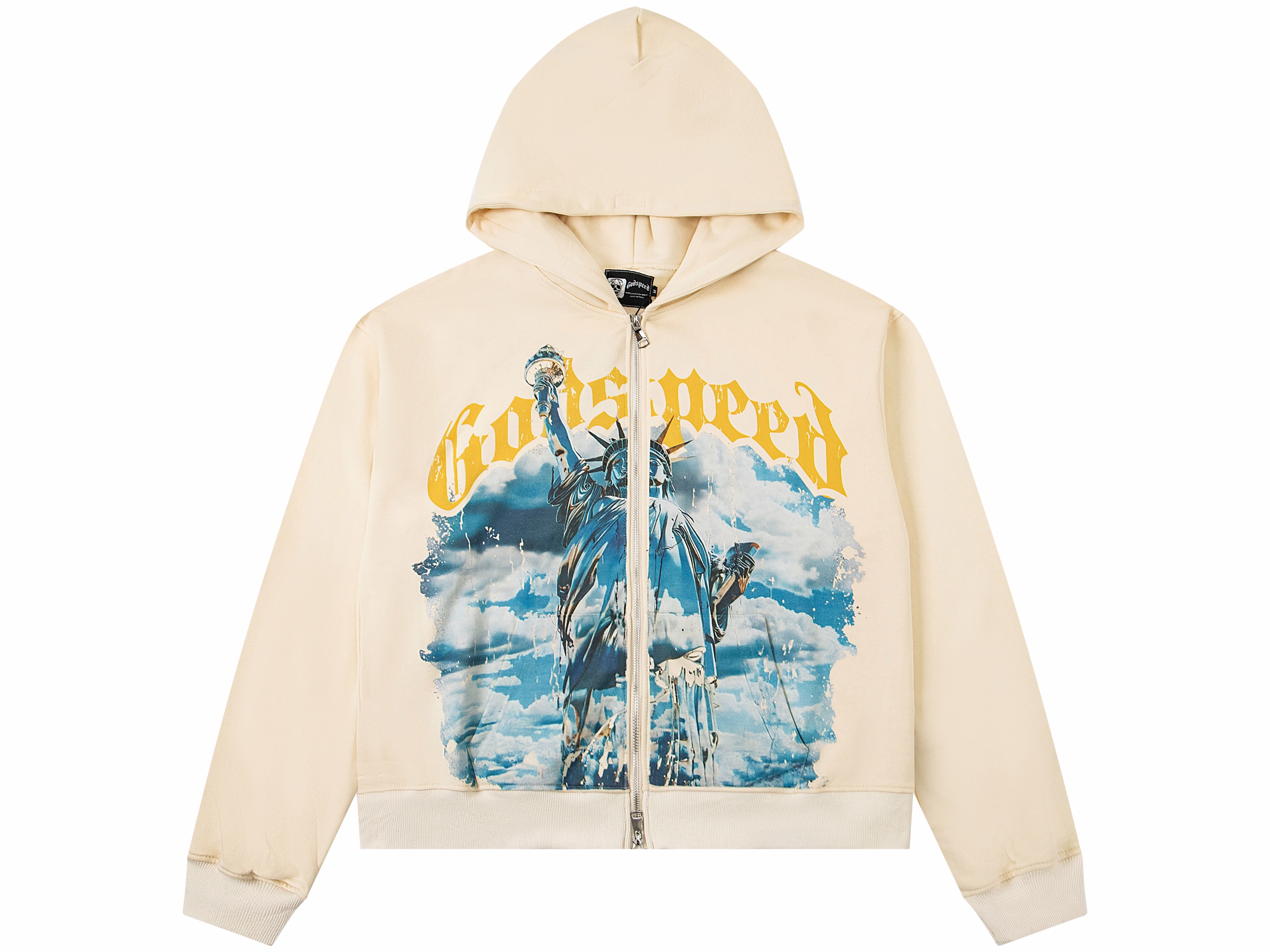 Vintage Washed Statue of Liberty Full Zip Up Hooded Jacket, Godspeed Large GS Logo Back Print Heavy Cotton Fleece Unisex Streetwear Zip Hoodie 3 Colors Sizes 1-4
