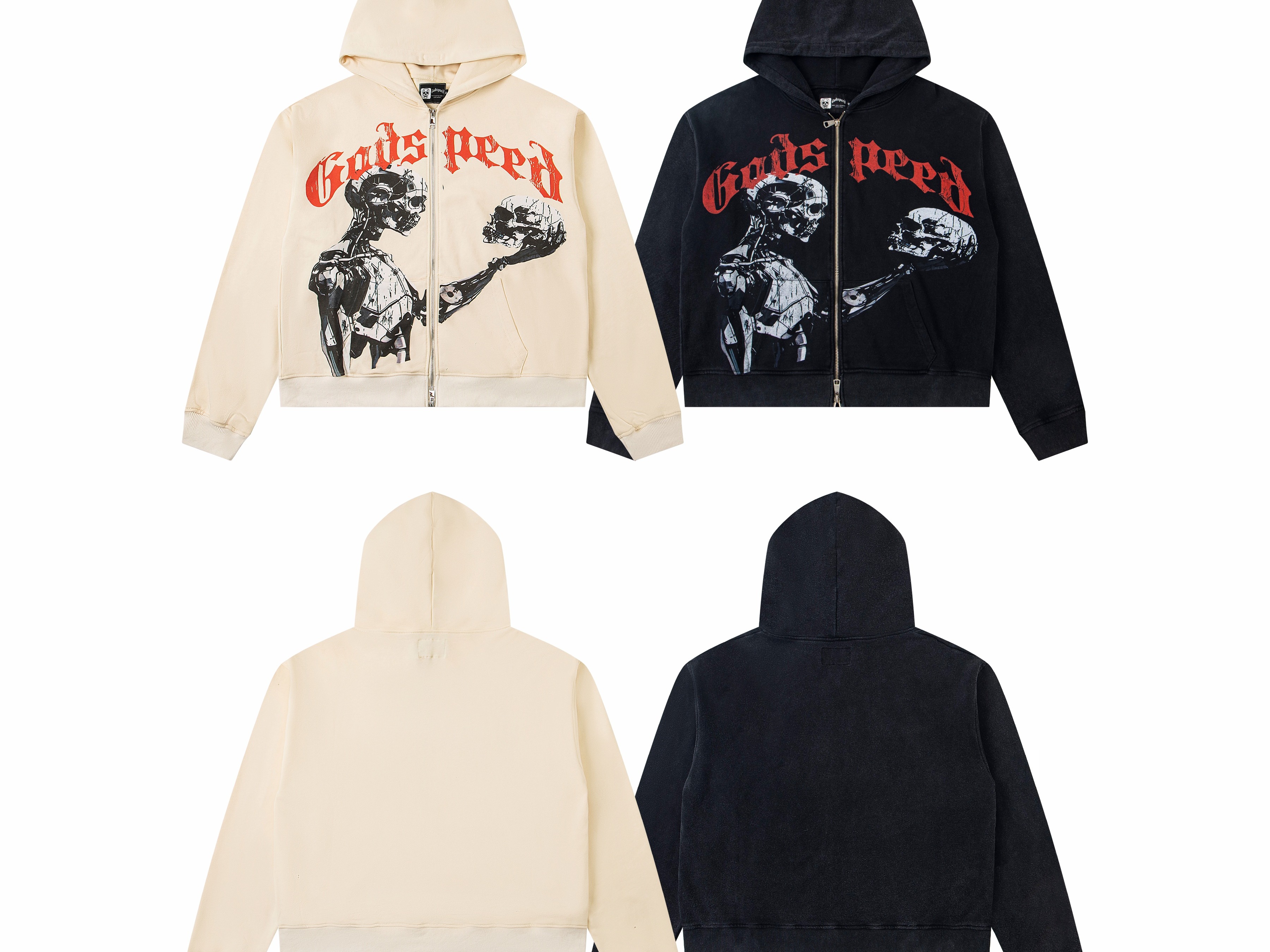 Vintage Washed Skeleton Holding Skull Full Zip Up Hooded Jacket, Red Gothic Godspeed Letter Front Print Heavy Cotton Fleece Unisex Street Zip Hoodie 2 Colors Sizes 1-4