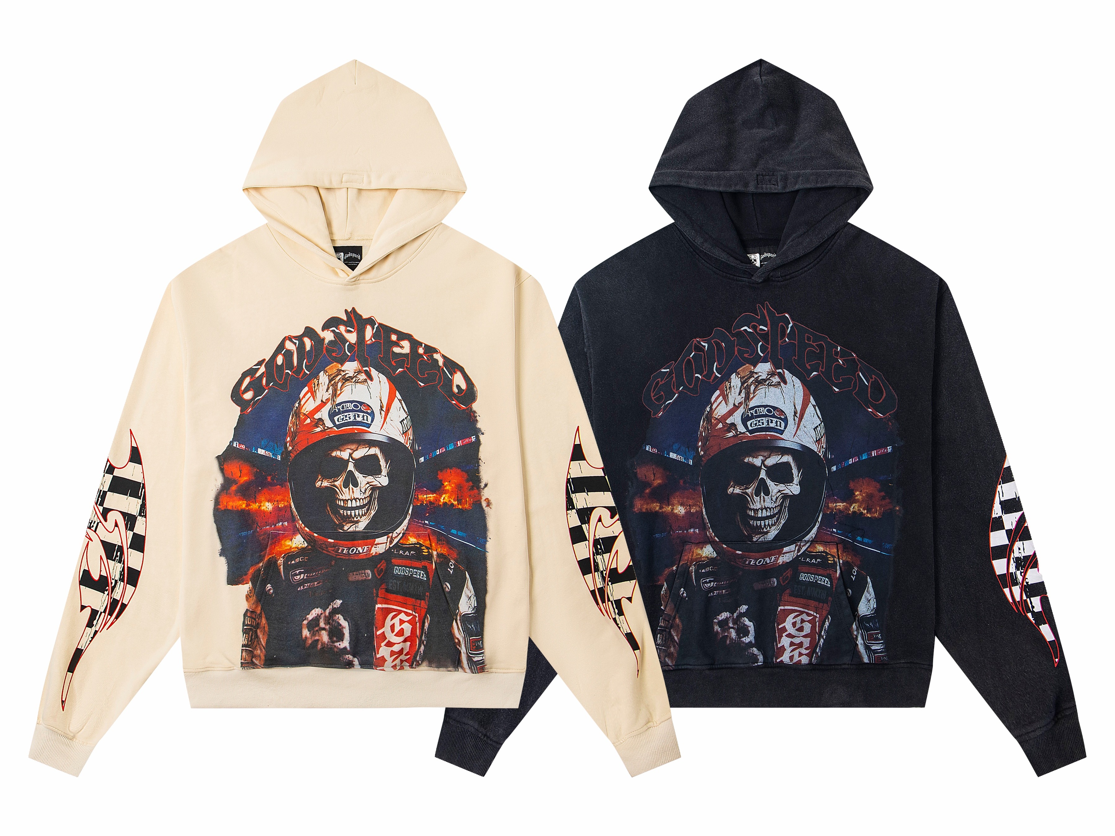 Vintage Washed Racing Driver Skull Helmet Graphic Pullover Hoodie, Godspeed Checkered Flag Flame Sleeve Print Heavy Cotton Fleece Unisex Street Sweatshirt 2 Colors Sizes 1-4