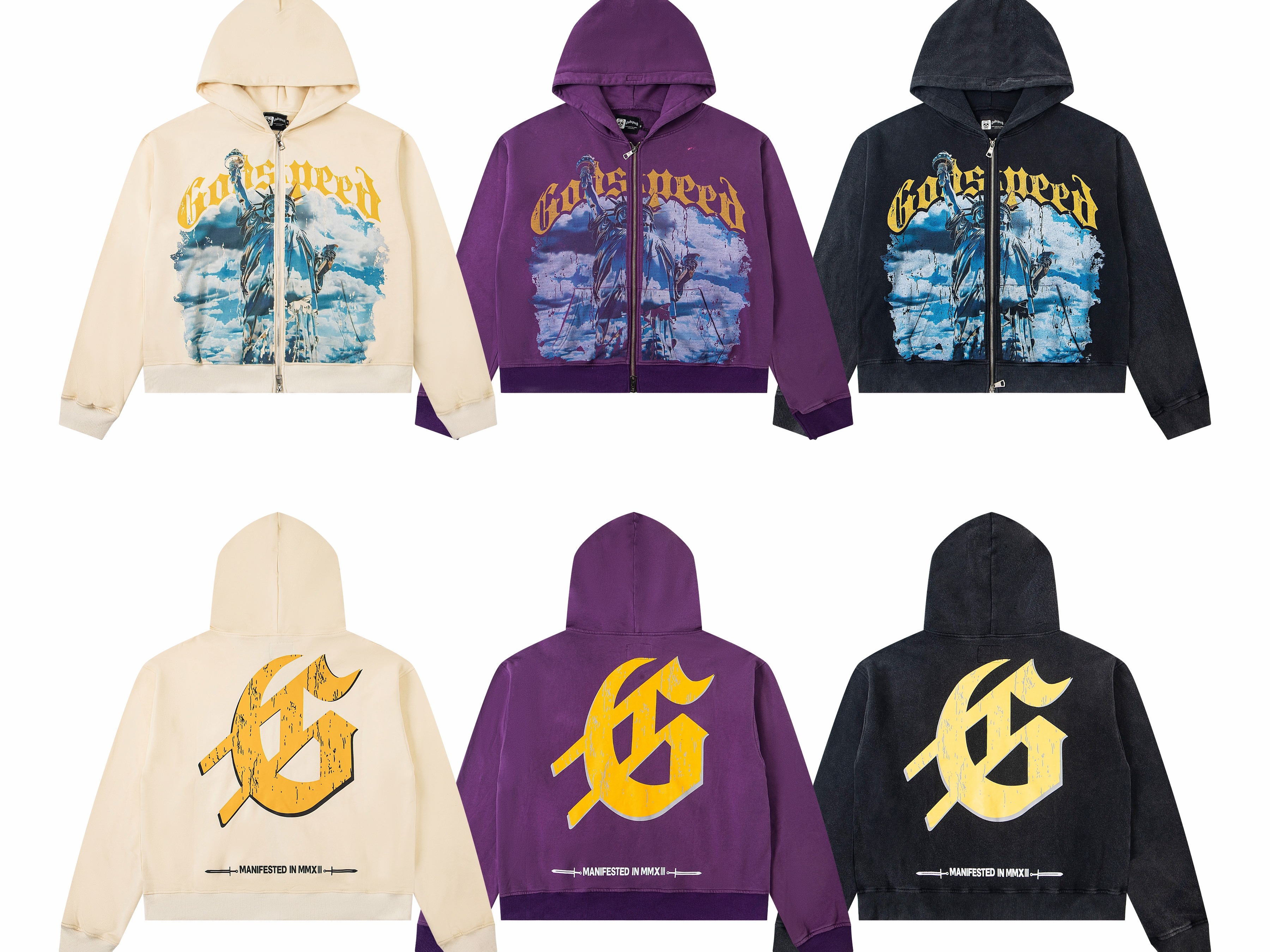 Vintage Washed Statue of Liberty Full Zip Up Hooded Jacket, Godspeed Large GS Logo Back Print Heavy Cotton Fleece Unisex Streetwear Zip Hoodie 3 Colors Sizes 1-4