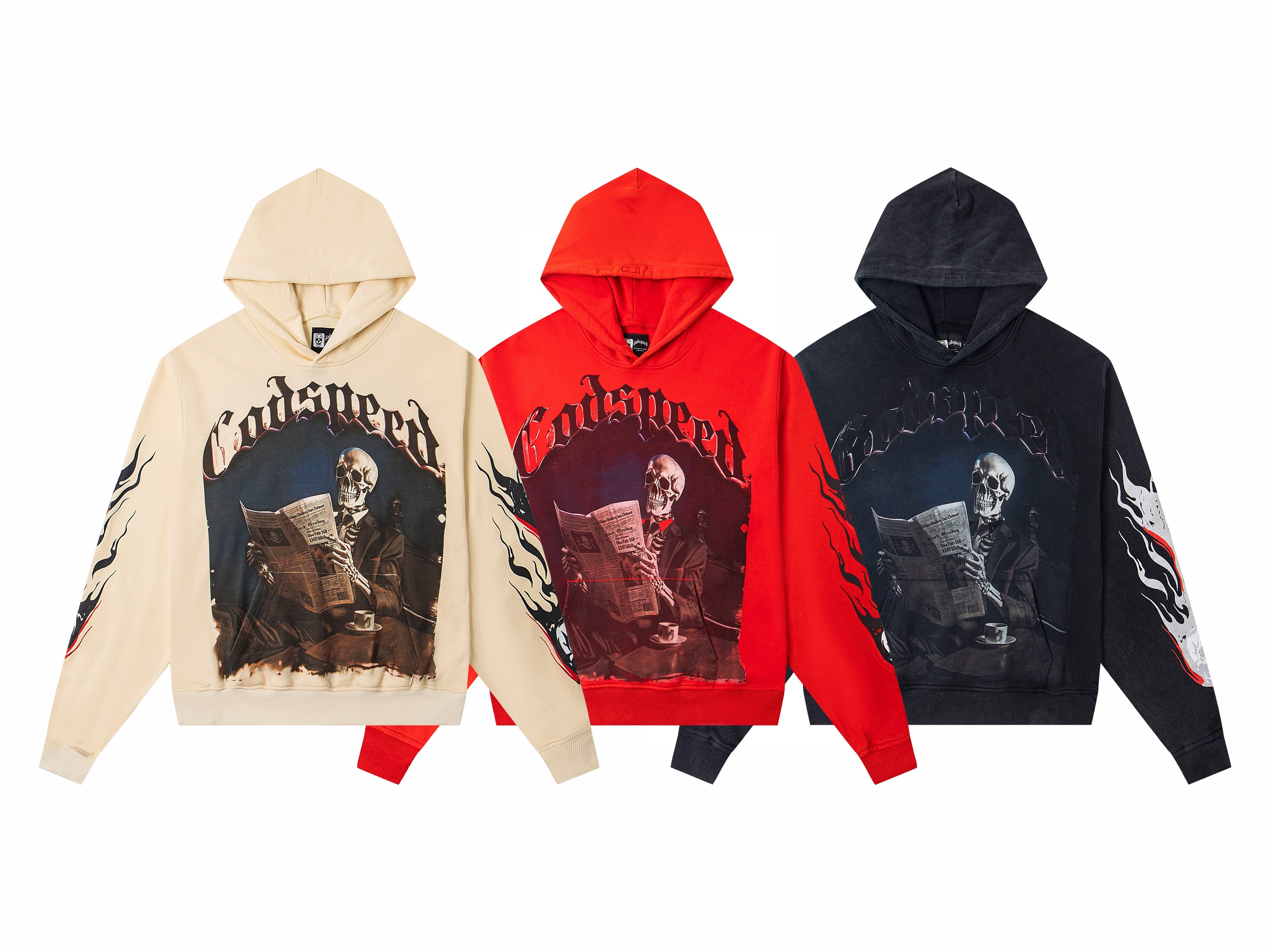 Vintage Washed Skeleton Reading Newspaper Pullover Hoodie, Godspeed Gothic Letter Flame Print Long Sleeve Heavy Cotton Fleece Unisex Street Sweatshirt 3 Colors Sizes 1-4