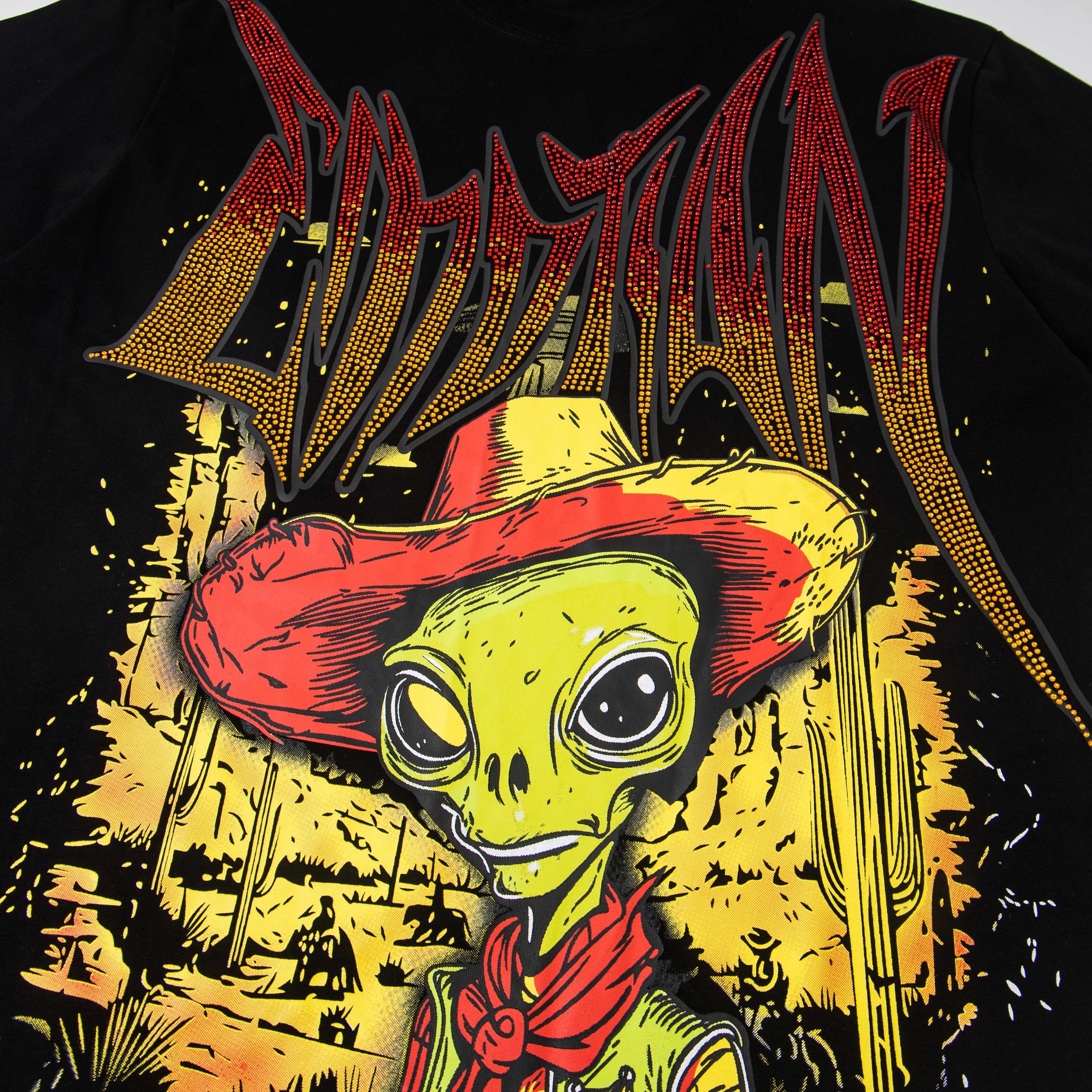 Cowboy Alien Rhinestone Gradient Print Oversized T-Shirt – Unisex 100% Cotton Streetwear Tee