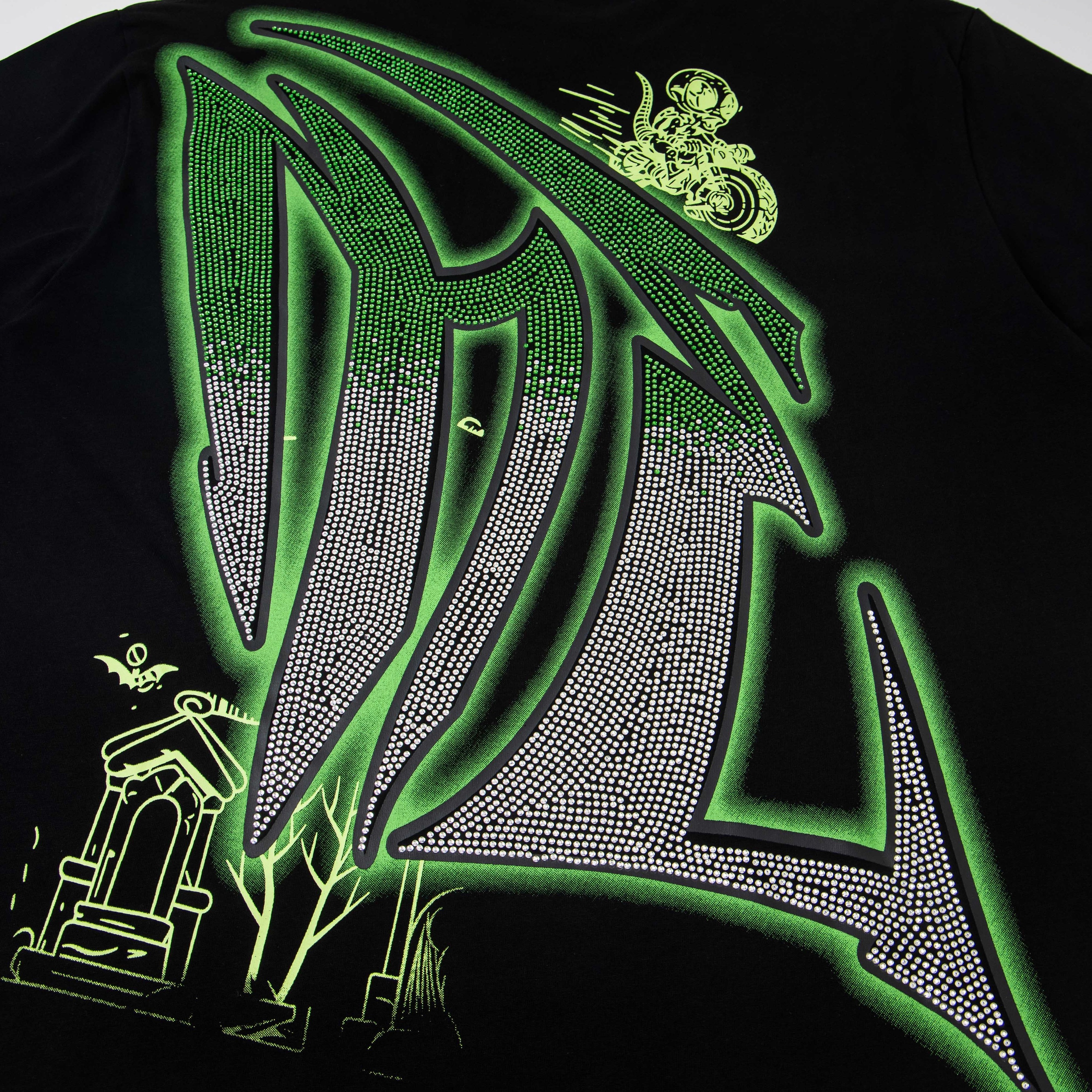 Monster Rider Rhinestone Gradient Print Oversized T-Shirt – Unisex 100% Cotton Streetwear Tee
