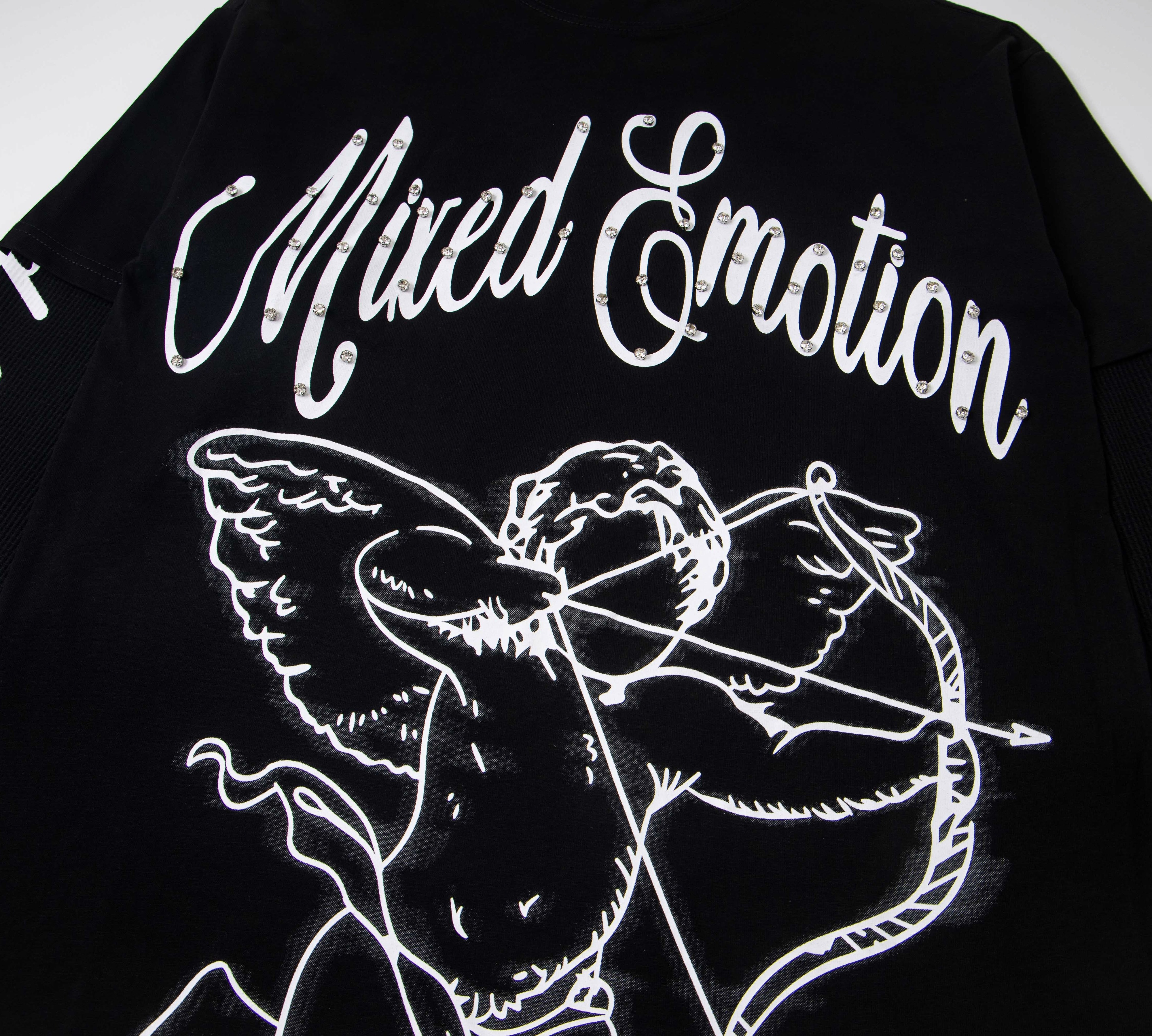 Rhinestone "Mixed Emotion" Cupid Print Layered Thermal Long Sleeve T-Shirt – Unisex 100% Cotton Streetwear Tee