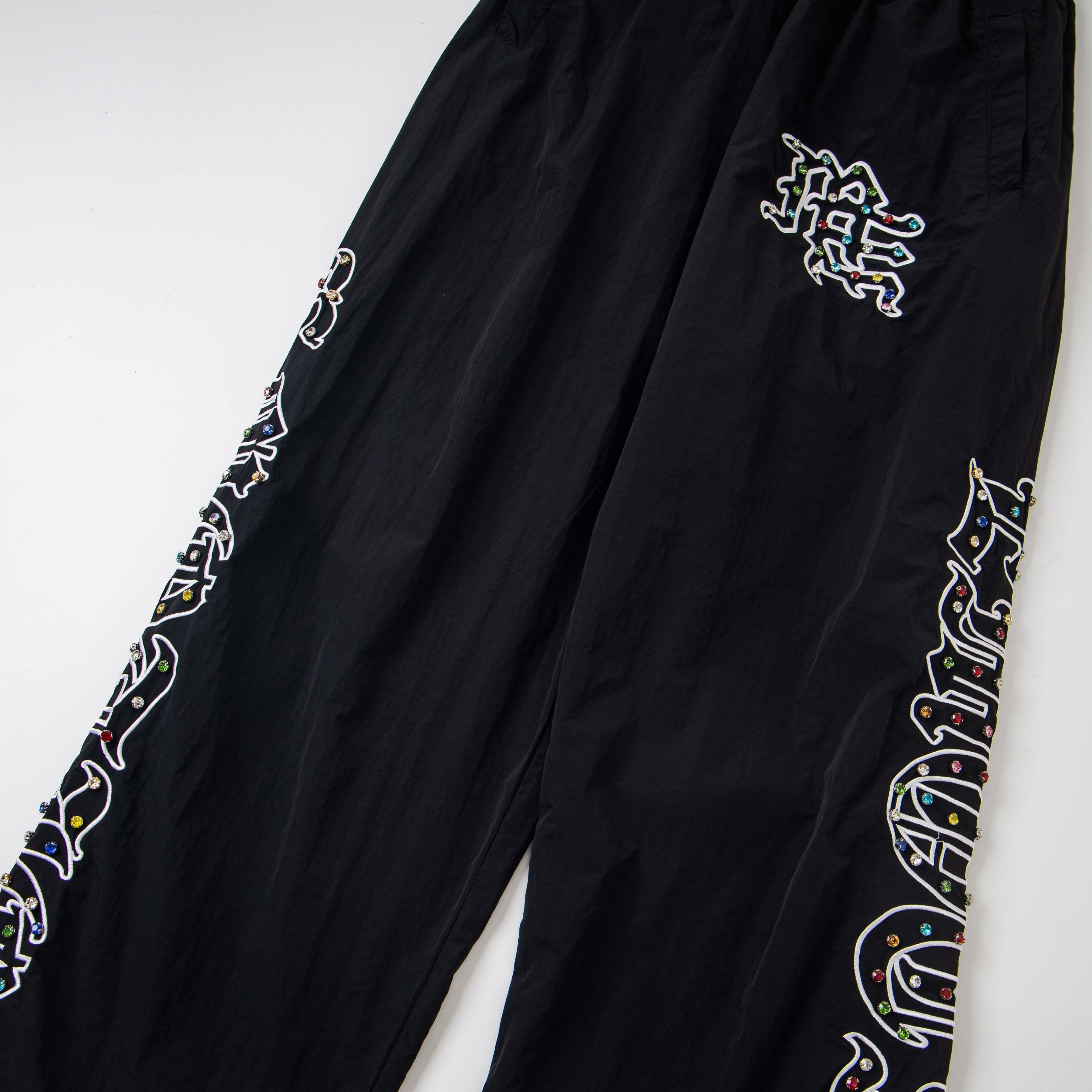 Colorful Graffiti Rhinestone Nylon Track Pants – Unisex Streetwear Elastic Waist Trousers