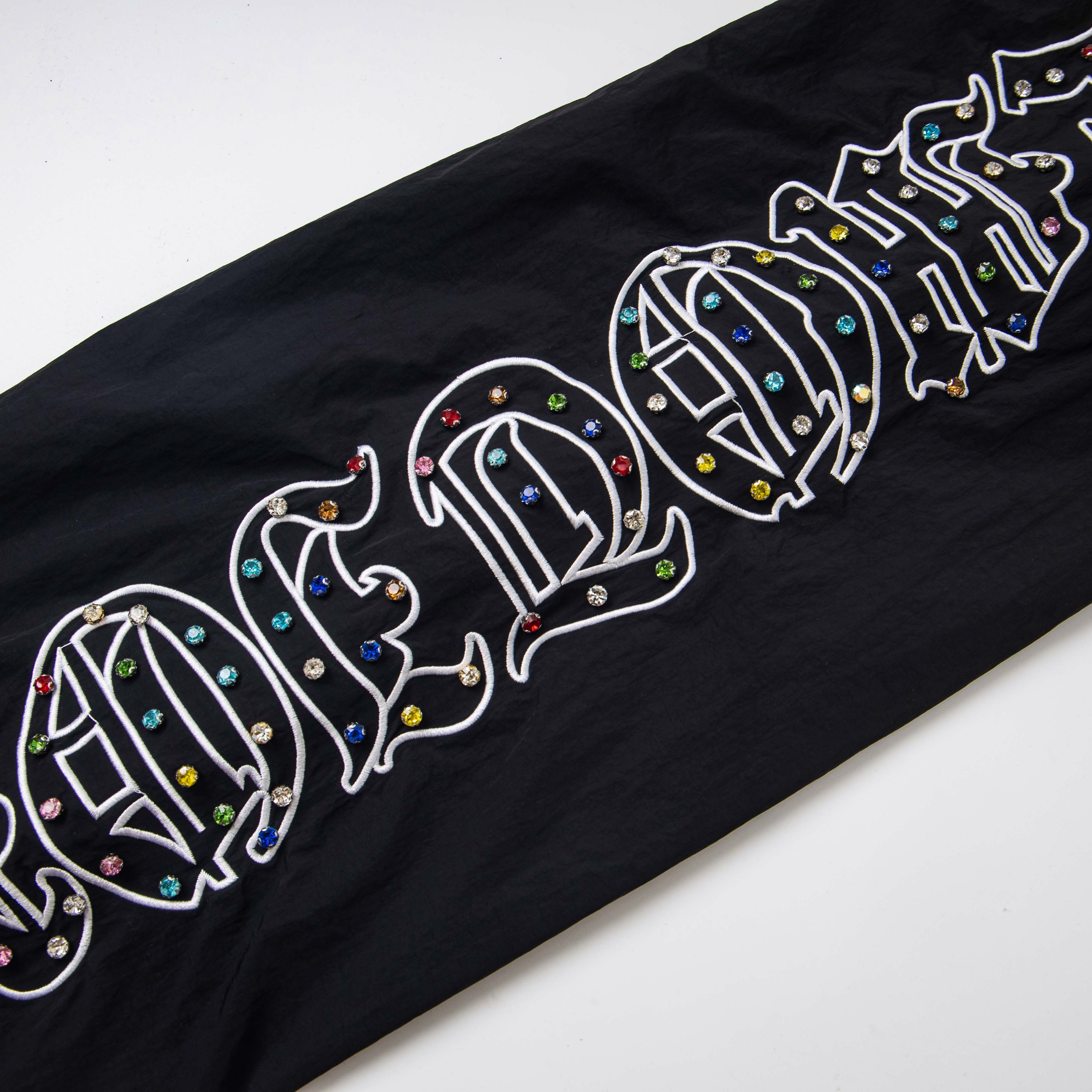 Colorful Graffiti Rhinestone Nylon Track Pants – Unisex Streetwear Elastic Waist Trousers