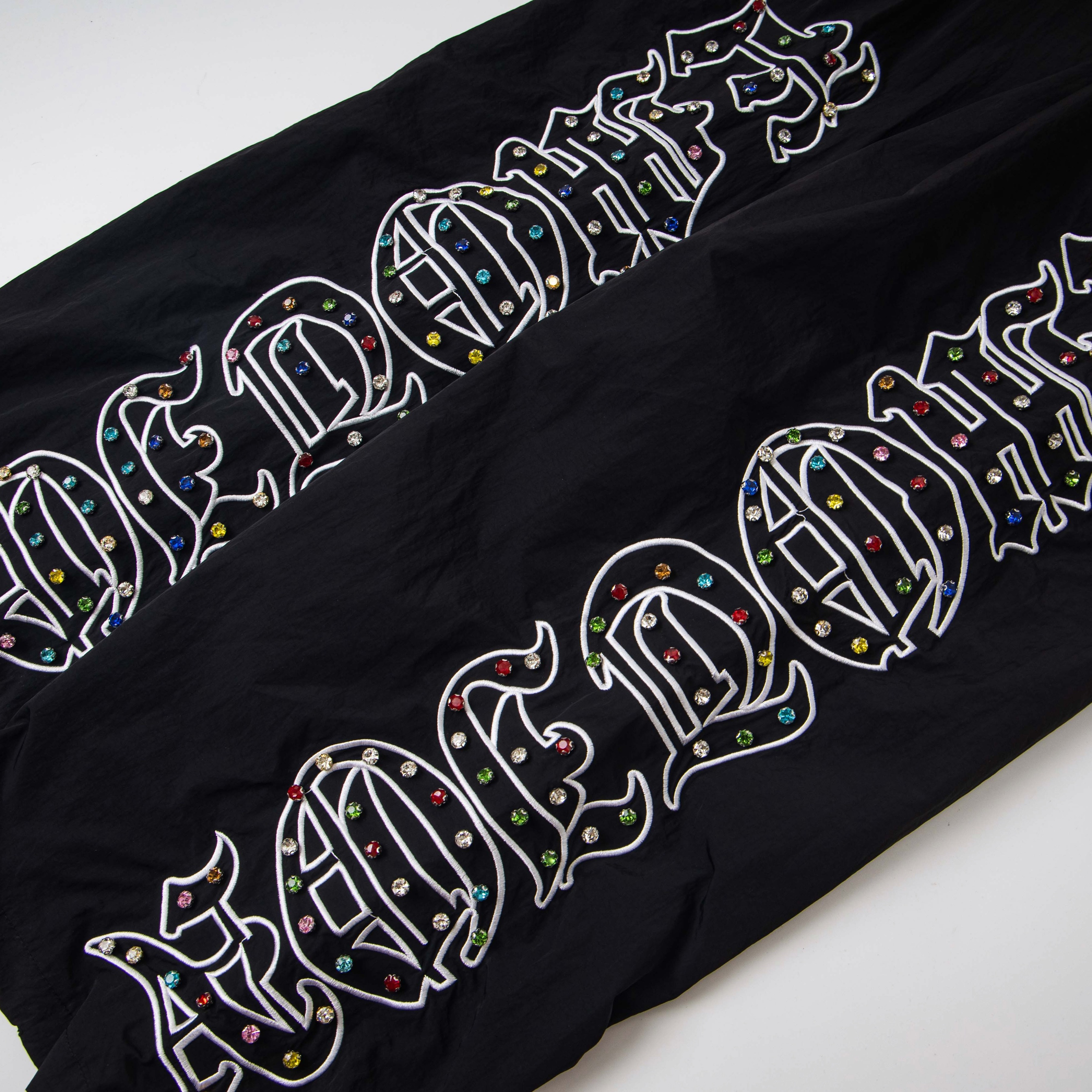 Colorful Graffiti Rhinestone Nylon Track Pants – Unisex Streetwear Elastic Waist Trousers