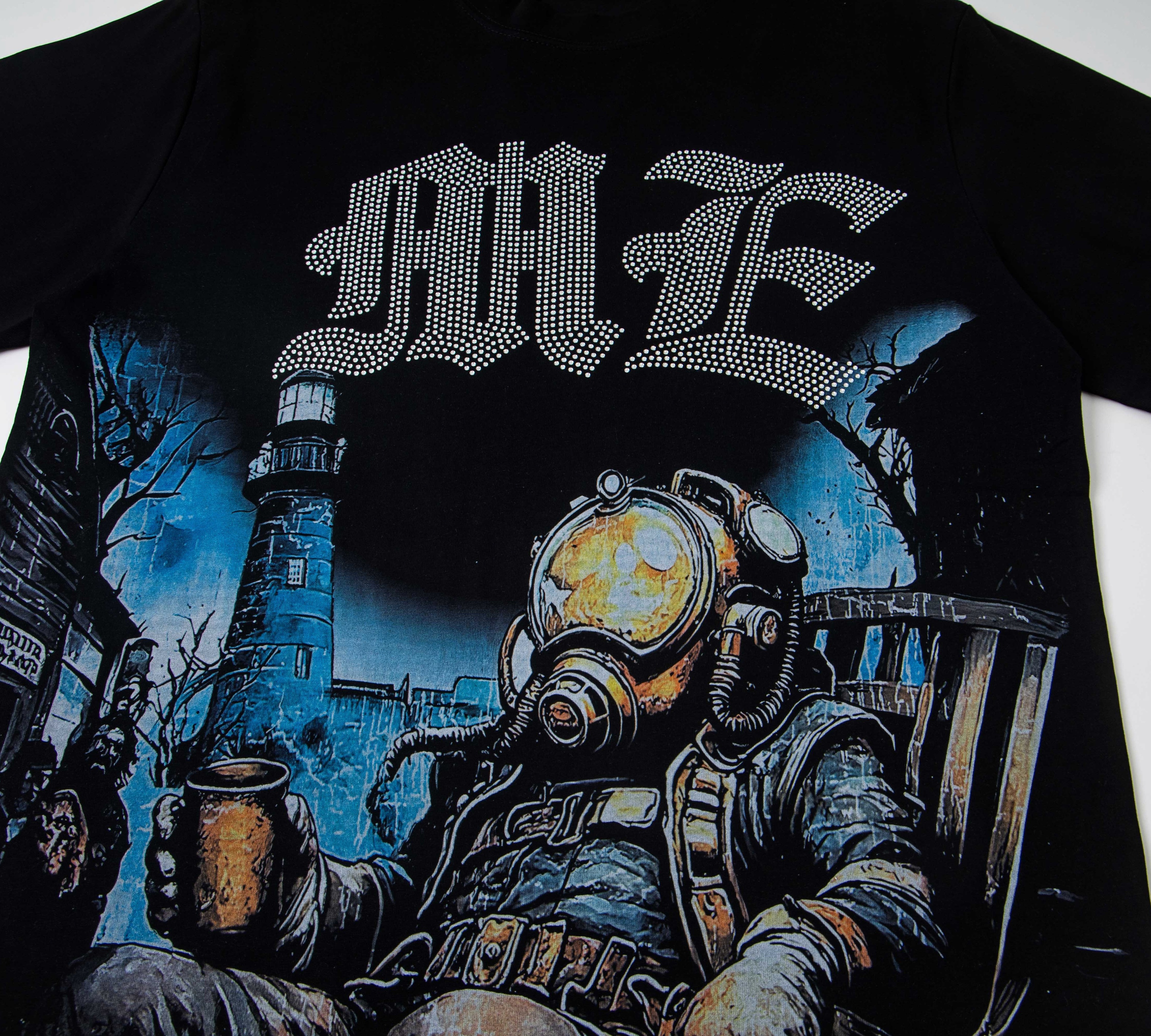 Diver & Lighthouse Rhinestone Print Oversized T-Shirt – Unisex 100% Cotton Streetwear Tee