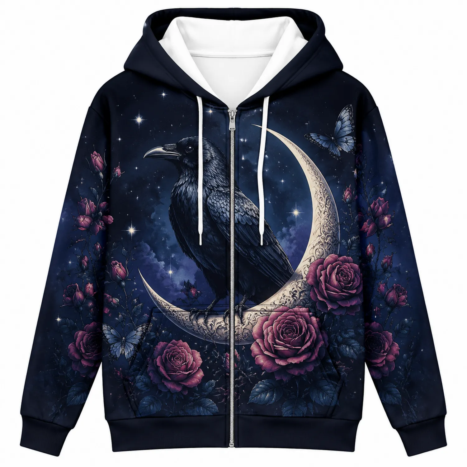 Bluza z kapturem z krukiem, różami i półksiężycem - nocny design