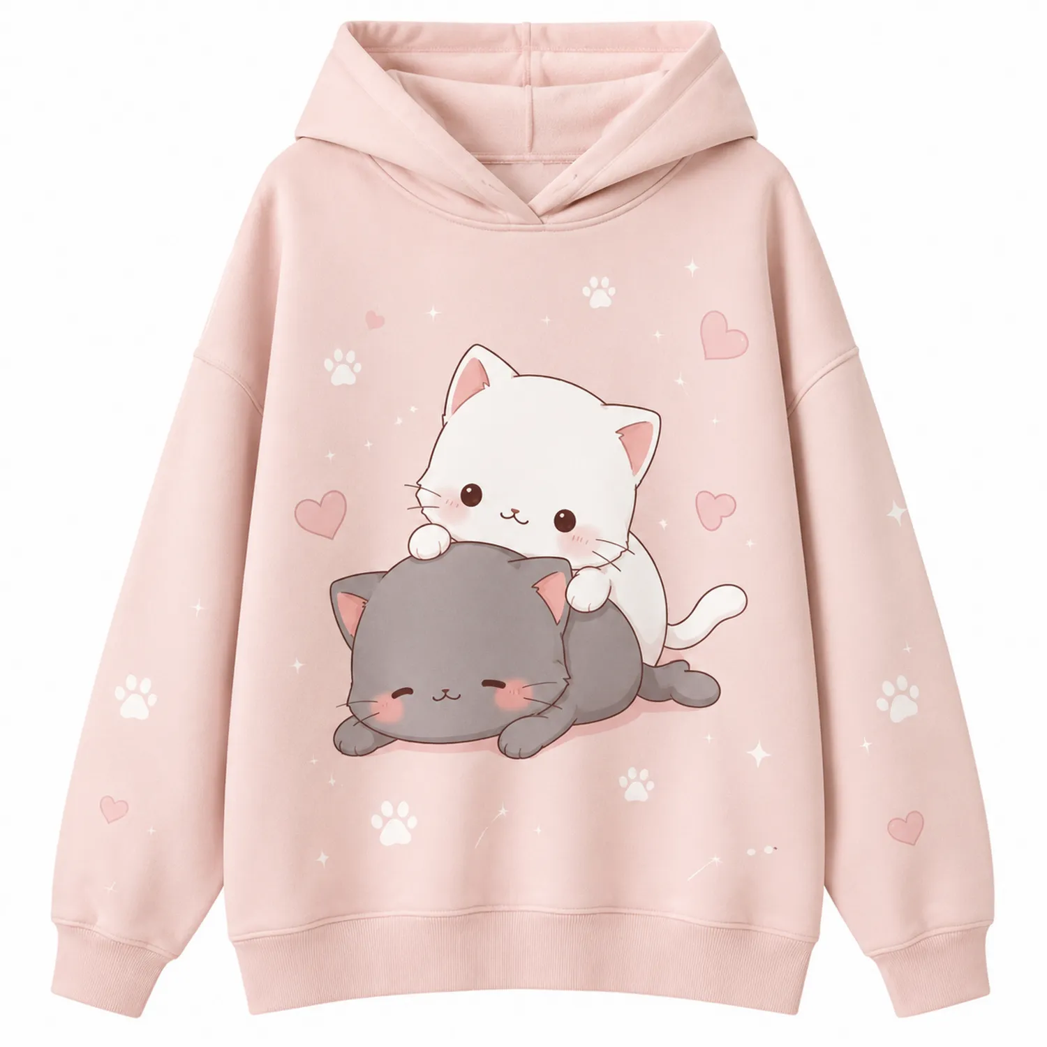 Bluza z kapturem z kotami kreskówkowymi, jasnoróżowa