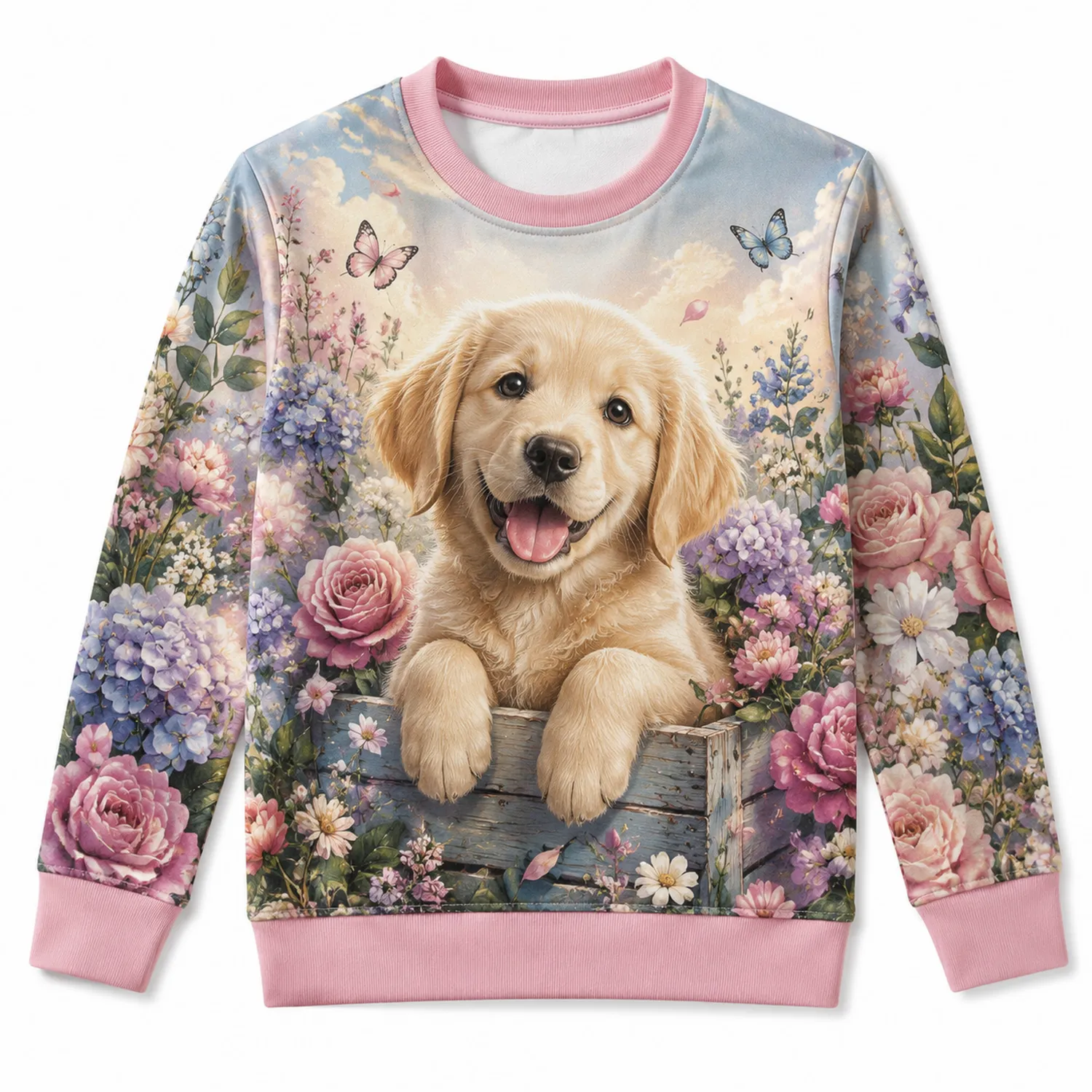 Bluza Damska z Motywem Szczeniaka w Kwiatach Różowa