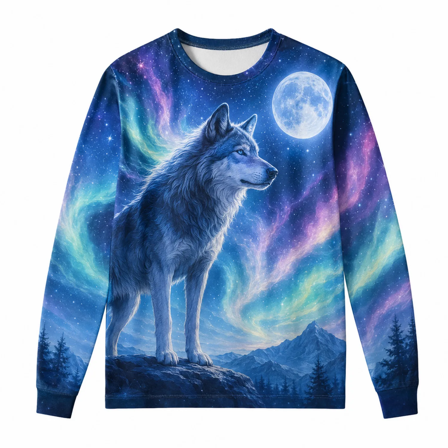 Bluza unisex z długim rękawem i nadrukiem wilka na tle galaktyki, niebieska