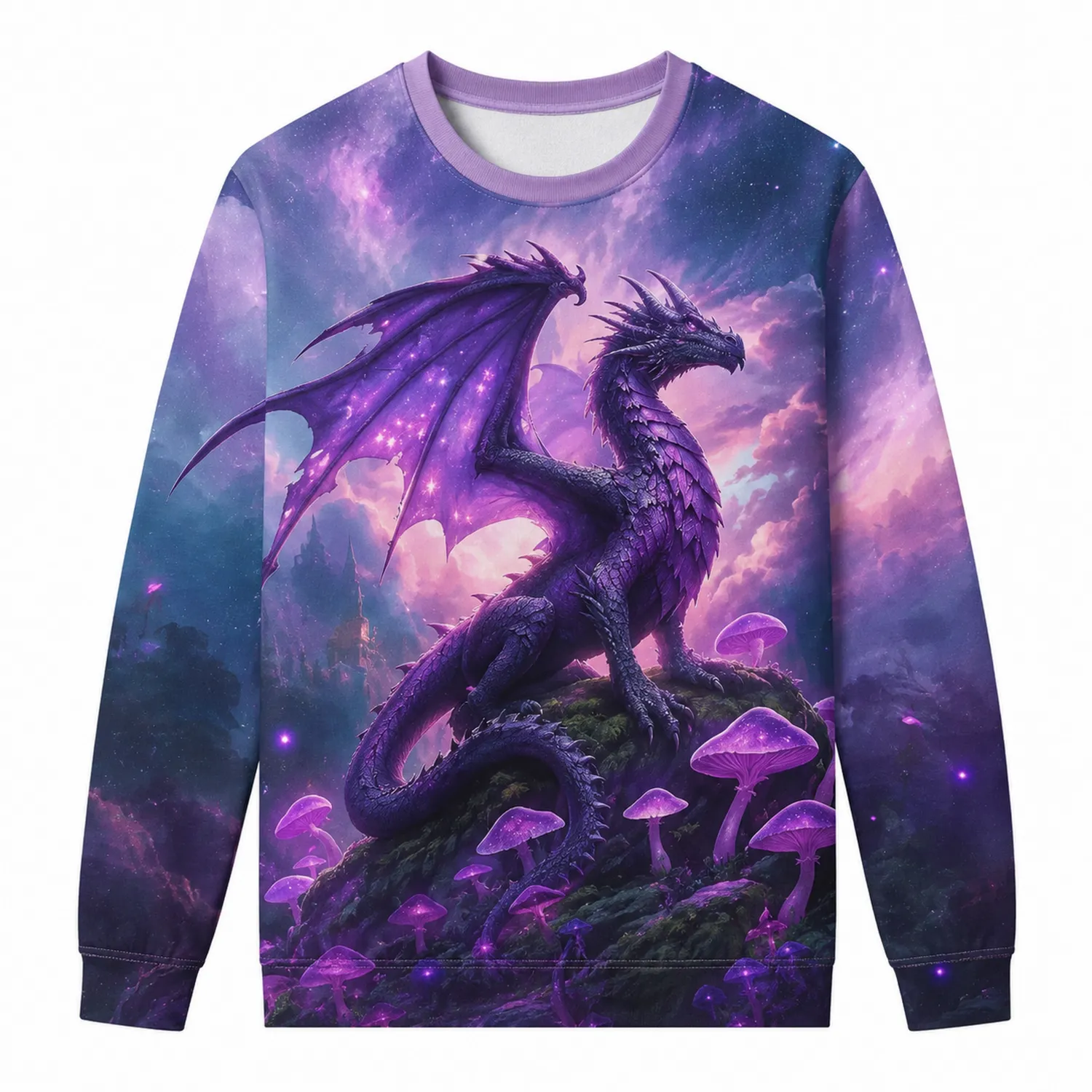 Fioletowa bluza z motywem smoka i grzybów w stylu fantasy