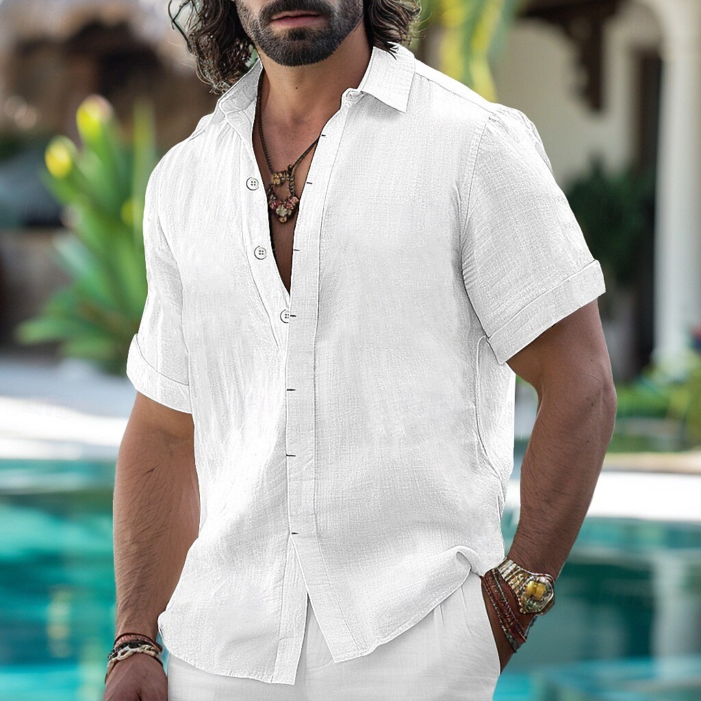 Men's Light Blue Linen Blend Short-Sleeve Button-Down Shirt - Breathable Casual Summer Beach & Yacht Wear