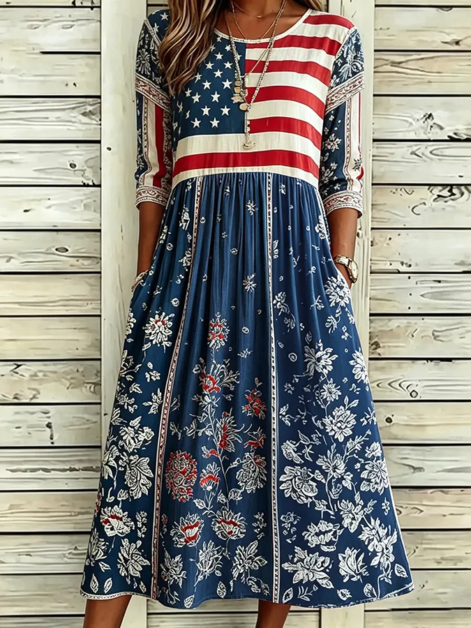 🔥Last Day 49% Off🔥Women'S Casual Sleeveless Round Neck National Flag Floral Print Dress