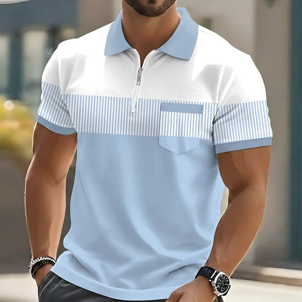 Color Block Stripe Half Zip Collar Polo Shirt for Men