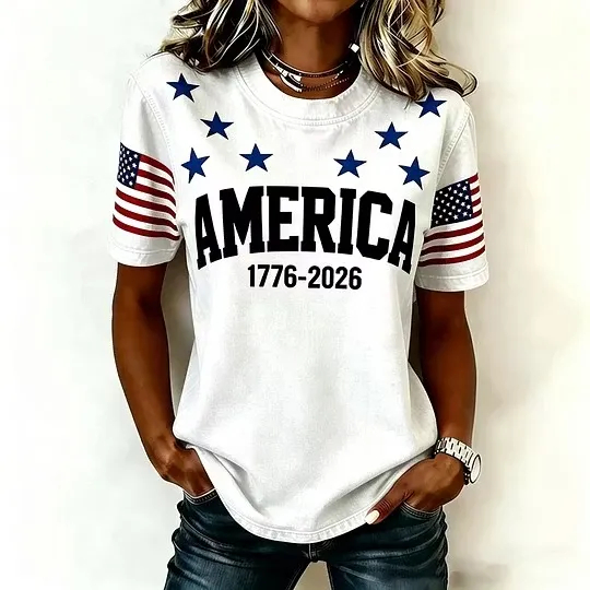 Women's America 1776-2026 Patriotic Flag Short-Sleeve T-Shirt - Casual Star Print Crew Neck Tee