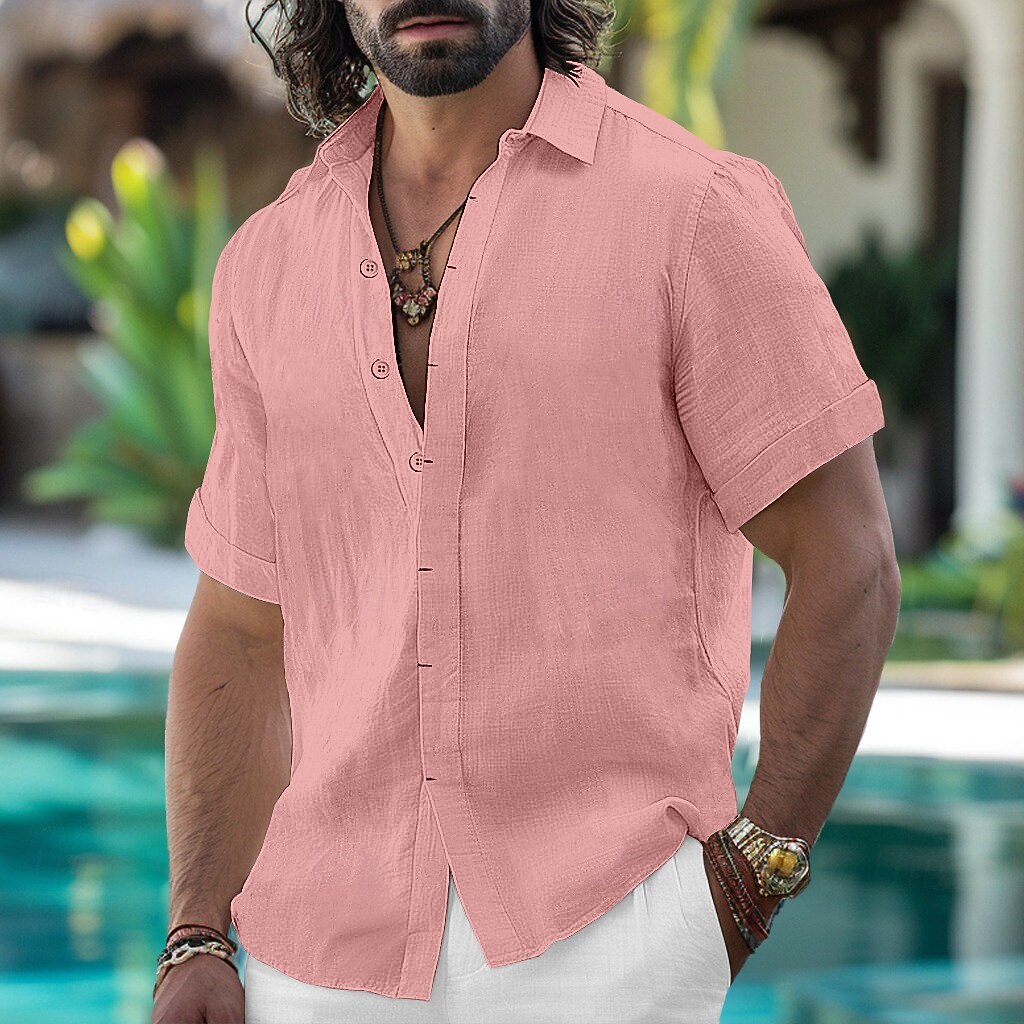 Men's Light Blue Linen Blend Short-Sleeve Button-Down Shirt - Breathable Casual Summer Beach & Yacht Wear