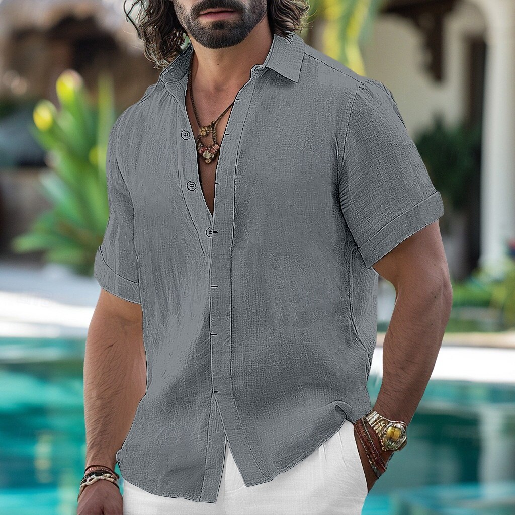 Men's Light Blue Linen Blend Short-Sleeve Button-Down Shirt - Breathable Casual Summer Beach & Yacht Wear