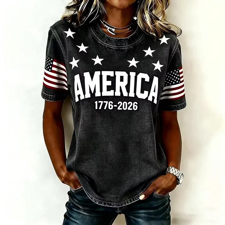 Women's America 1776-2026 Patriotic Flag Short-Sleeve T-Shirt - Casual Star Print Crew Neck Tee