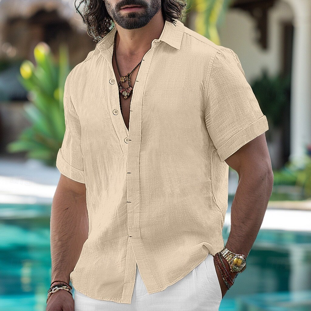 Men's Light Blue Linen Blend Short-Sleeve Button-Down Shirt - Breathable Casual Summer Beach & Yacht Wear