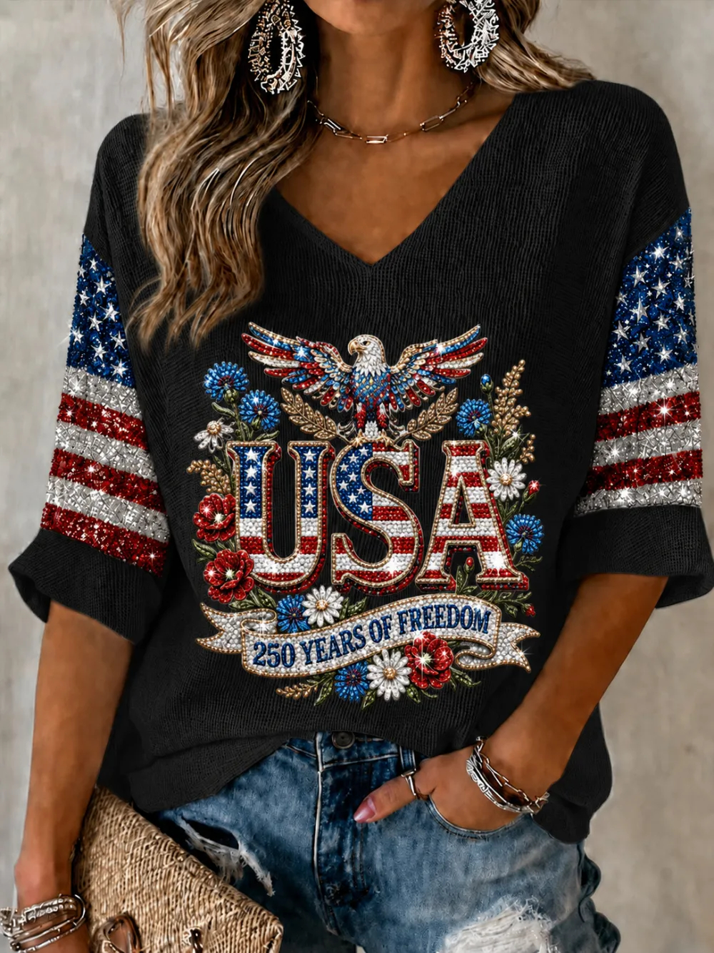 Women's USA 250th Anniversary "250 Years of Freedom" Eagle Print 3/4 Sleeve V-Neck Top