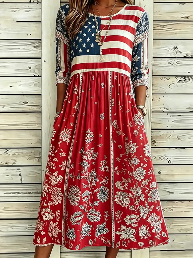 🔥Last Day 49% Off🔥Women'S Casual Sleeveless Round Neck National Flag Floral Print Dress