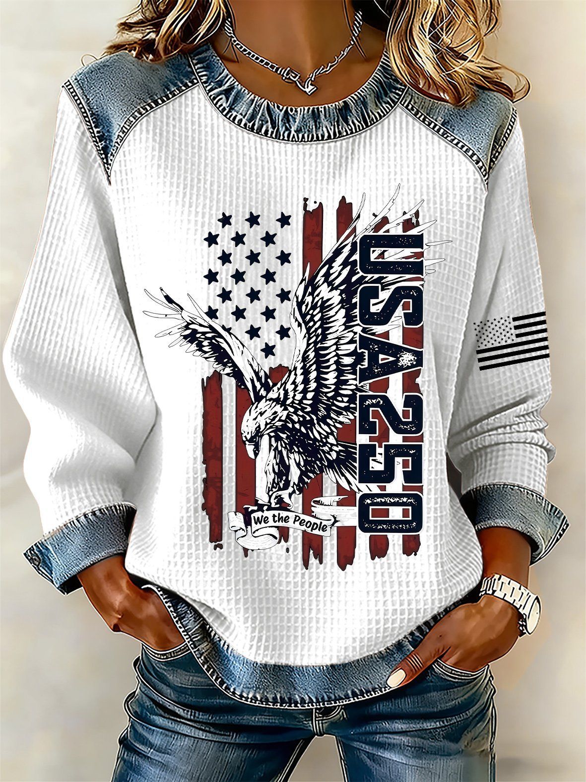 Women's Denim Splice Patriotic Long Sleeve Raglan Top Assortment