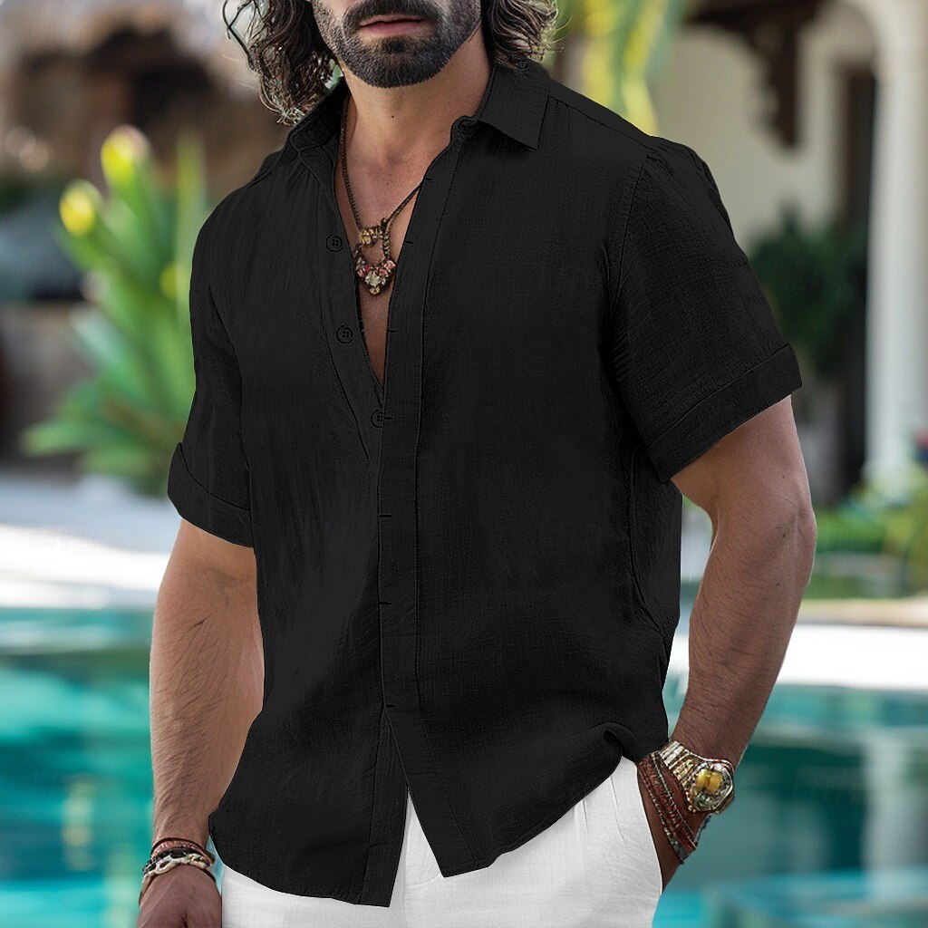 Men's Light Blue Linen Blend Short-Sleeve Button-Down Shirt - Breathable Casual Summer Beach & Yacht Wear
