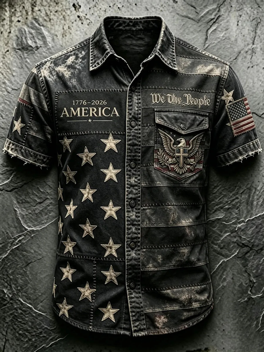 Men's USA 250th Anniversary "We The People" Vintage Flag Patchwork Short-Sleeve Button-Down Shirt - 1776-2026 Eagle Print