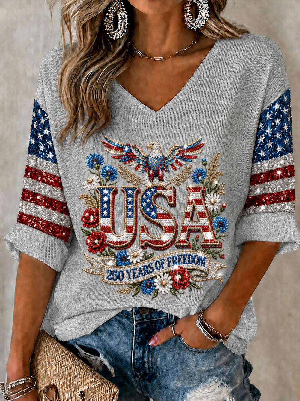 Women's USA 250th Anniversary "250 Years of Freedom" Eagle Print 3/4 Sleeve V-Neck Top