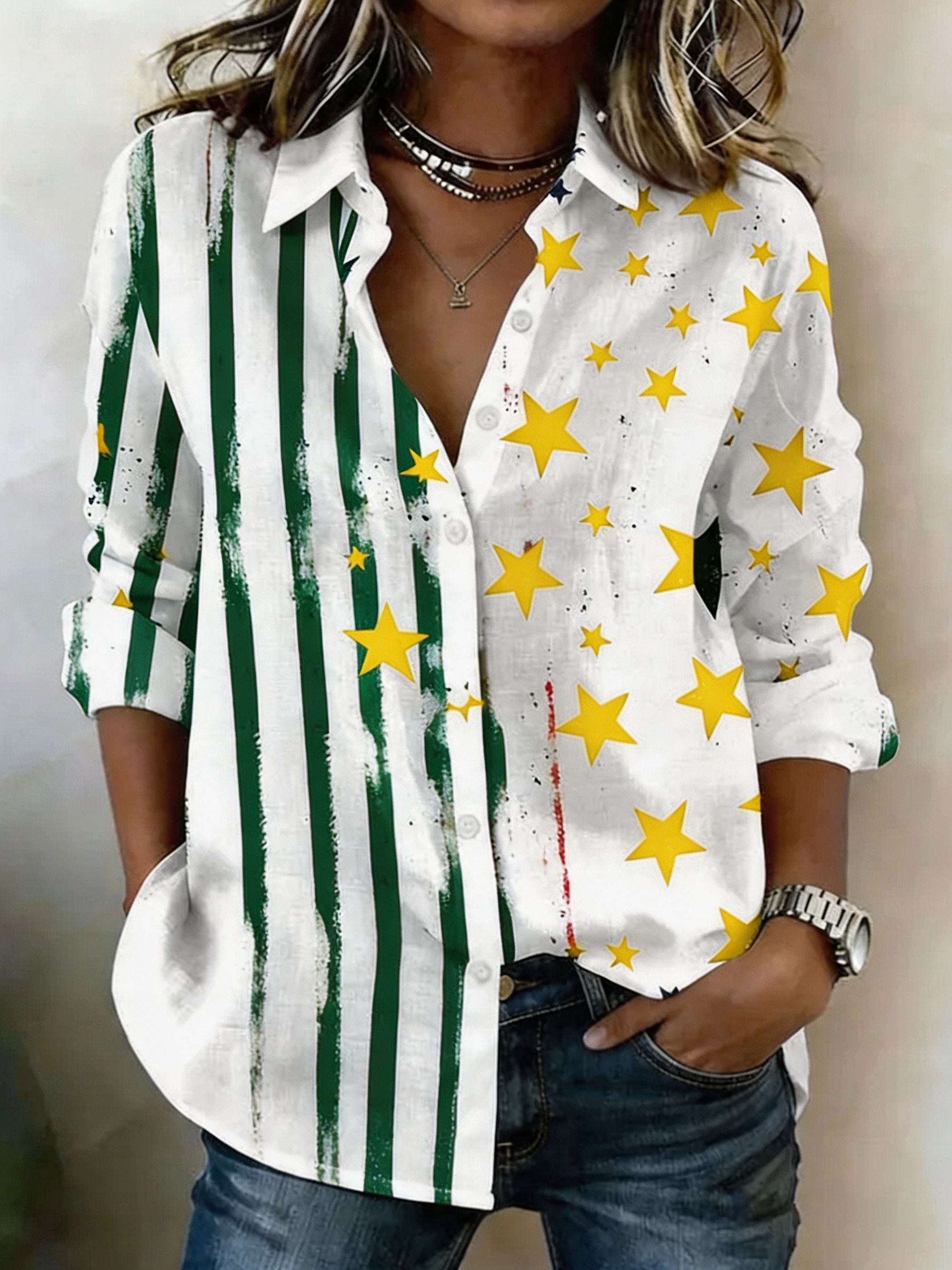 Patriotic Star & Stripe Print Casual Shirt, Vintage USA Flag Inspired Button-Up Top