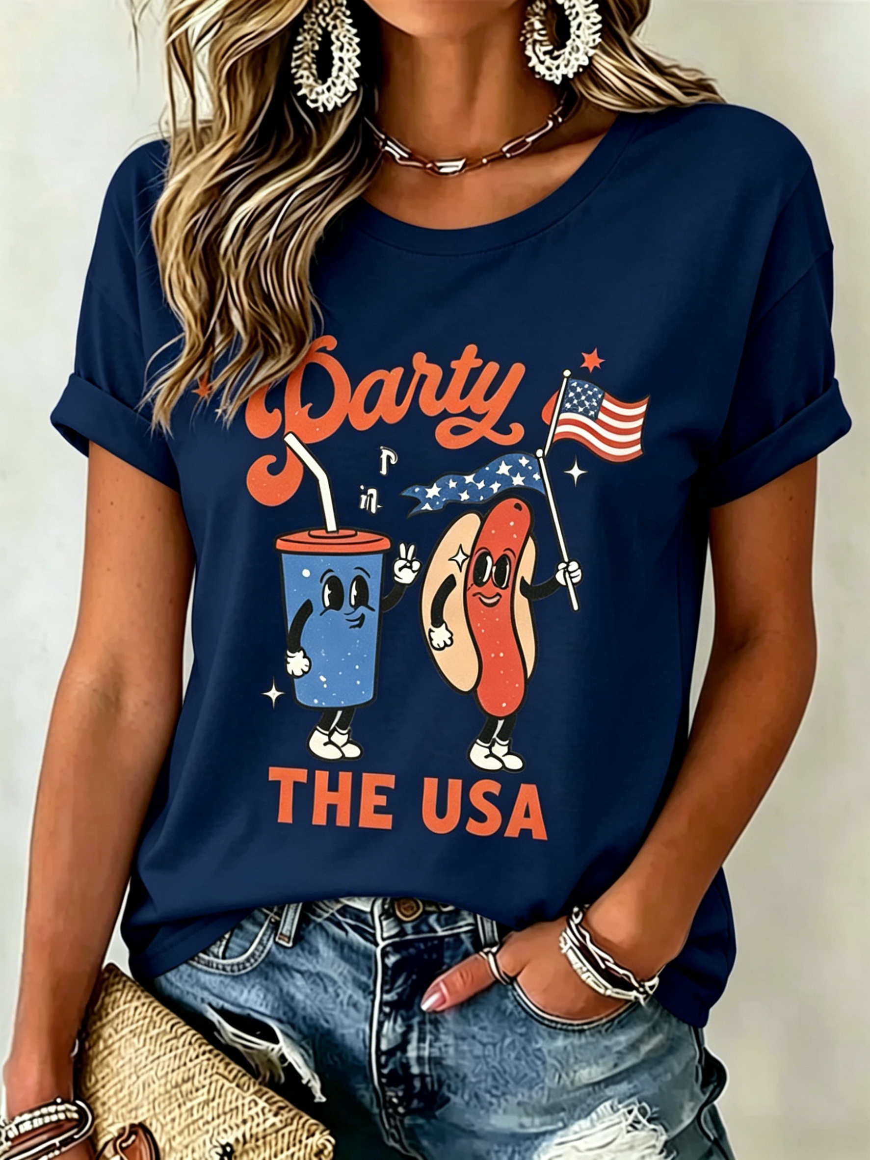 Groovy Retro Hot Dog Soda Party In The USA Patriotic Print Crew Neck Loose Fit Women Oversized Casual Independence Day Tee