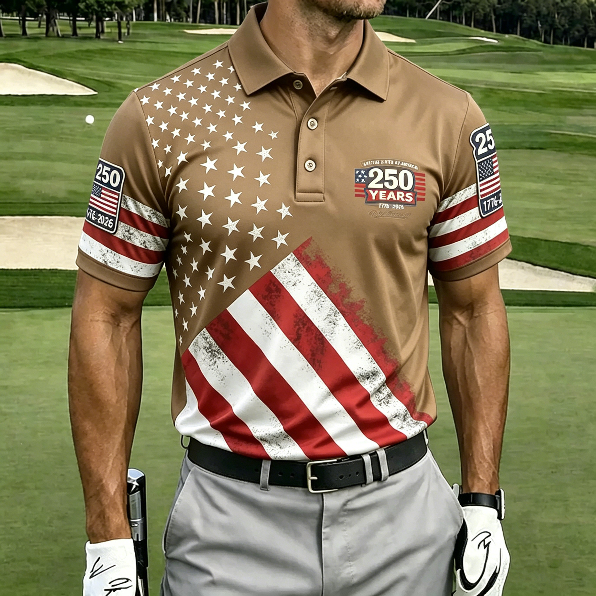 Vintage 250th Anniversary American Flag Print Short Sleeve Golf Polo Shirt Men Casual