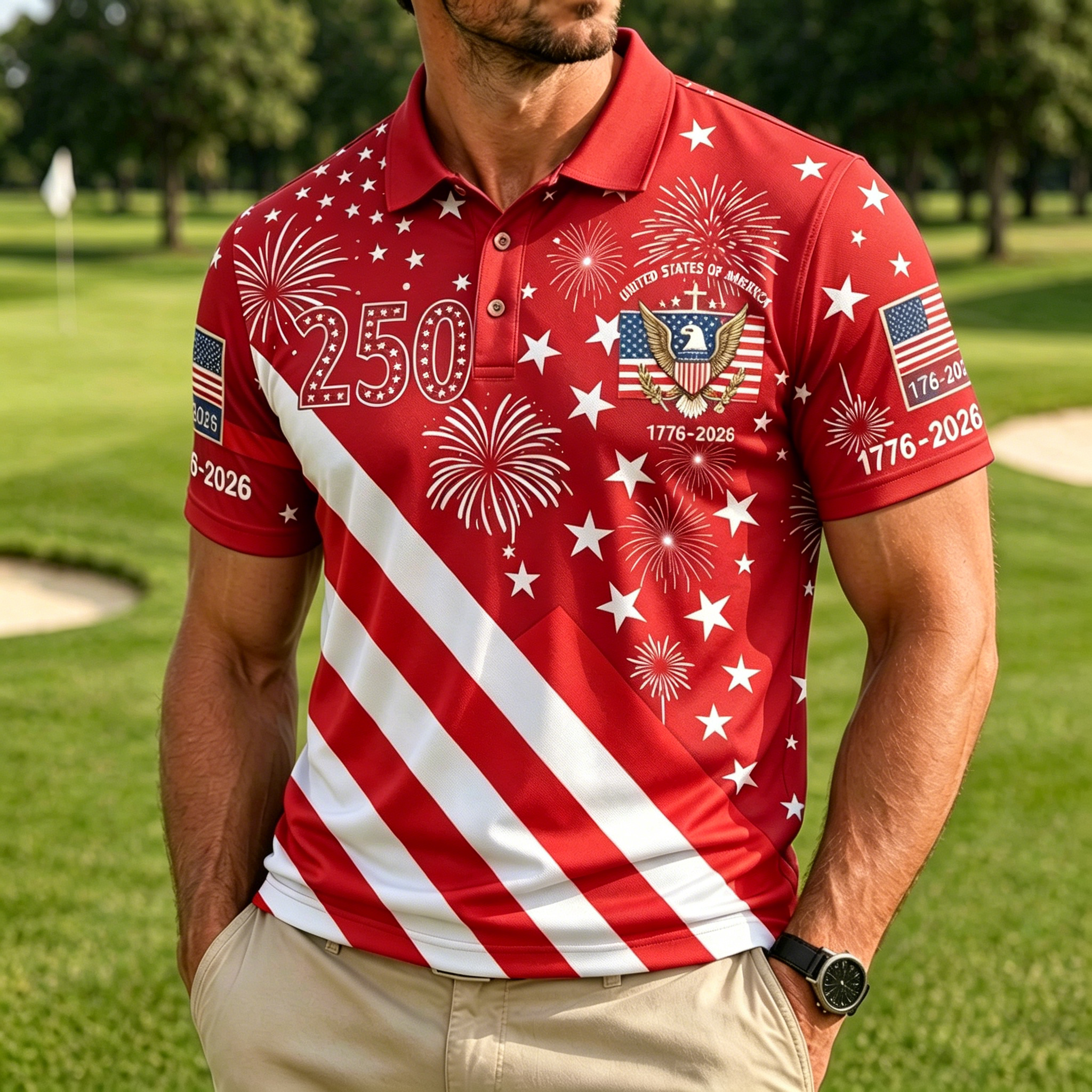USA 250th Anniversary Star Fireworks Eagle Flag Print Short Sleeve Golf Polo Shirt for Men