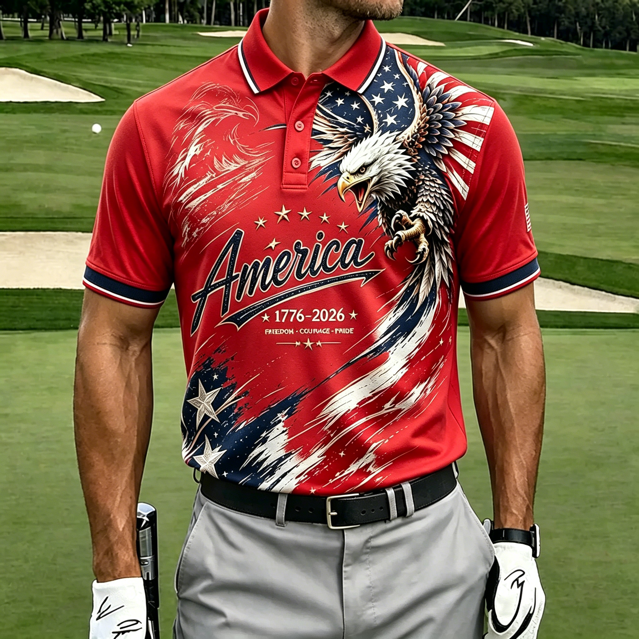 Patriotic Eagle USA Flag Print Contrast Trim Golf Polo Shirt for Men