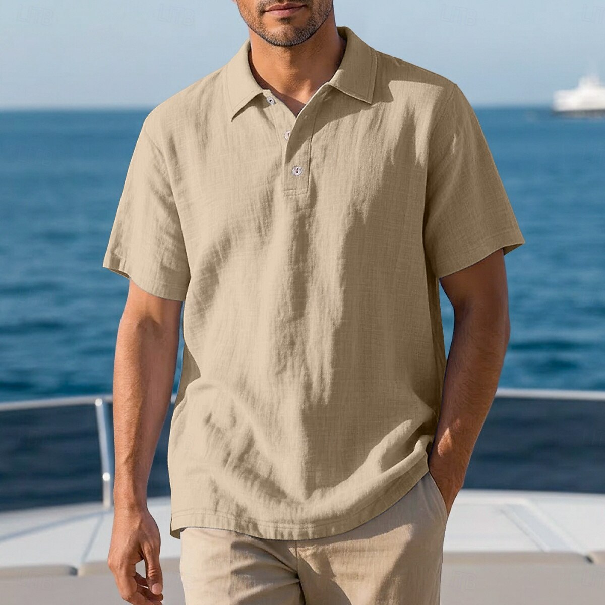 Solid Linen Blend Lapel Collar Short Sleeve Vacation Polo Shirt for Men